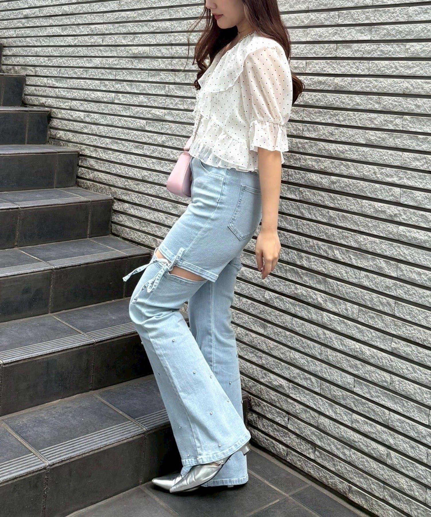 NICE CLAUP / OLIVE des OLIVE OUTLET(ナイスクラップ  / オリーブ デ オリーブ アウトレット) 【continuer】5分袖ラッフルブラウス&シャーリングキャミ