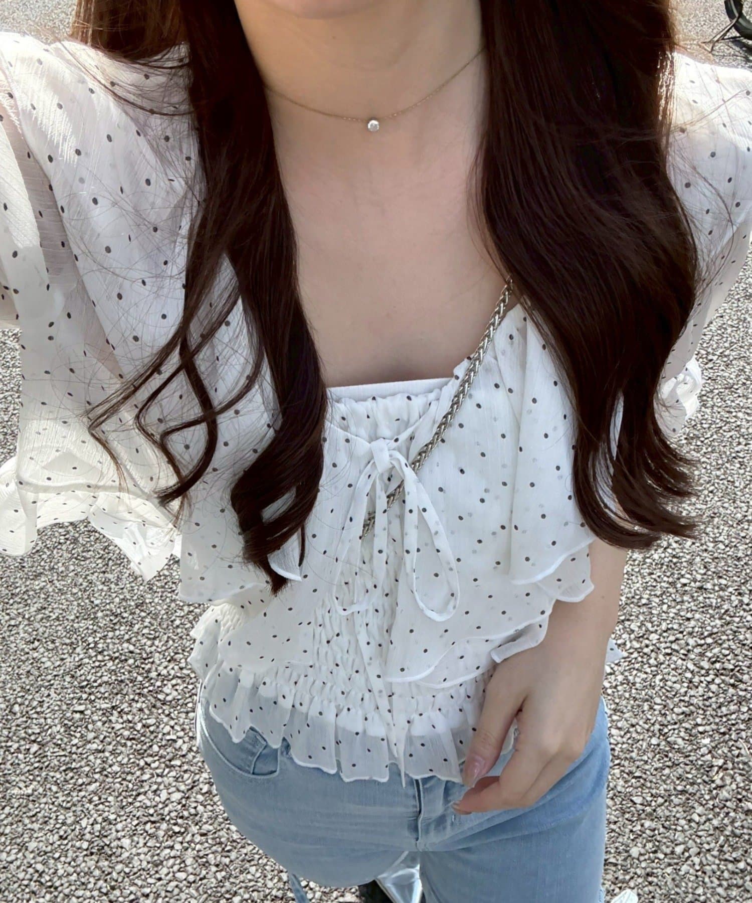 NICE CLAUP / OLIVE des OLIVE OUTLET(ナイスクラップ  / オリーブ デ オリーブ アウトレット) 【continuer】5分袖ラッフルブラウス&シャーリングキャミ