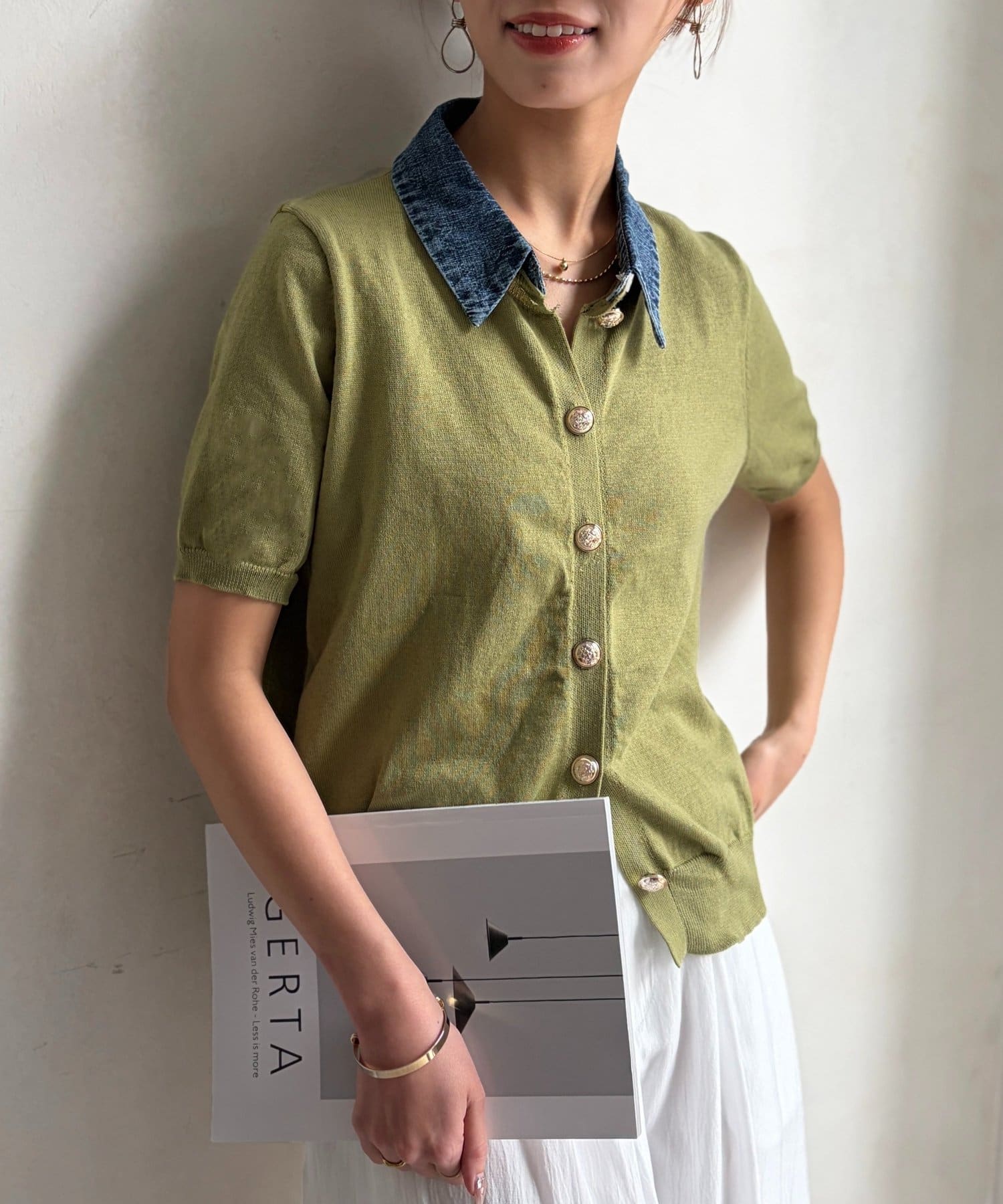 Chez toi(シェトワ) デニム切替半袖ニットシャツ