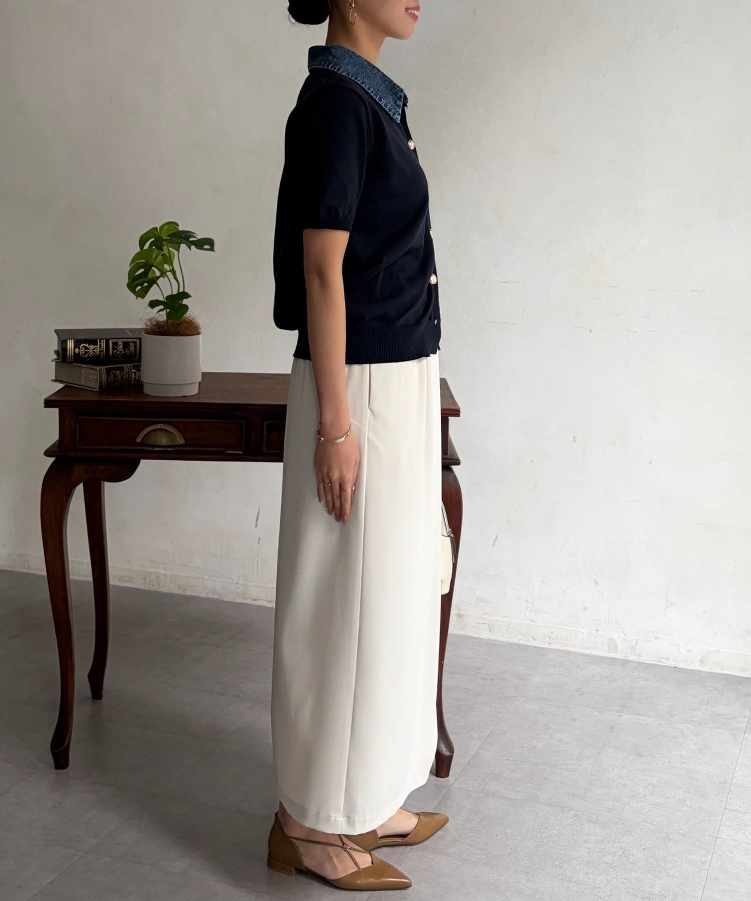 Chez toi(シェトワ) デニム切替半袖ニットシャツ