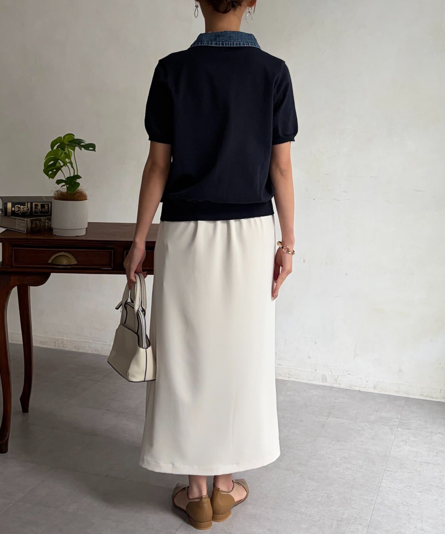 Chez toi(シェトワ) デニム切替半袖ニットシャツ