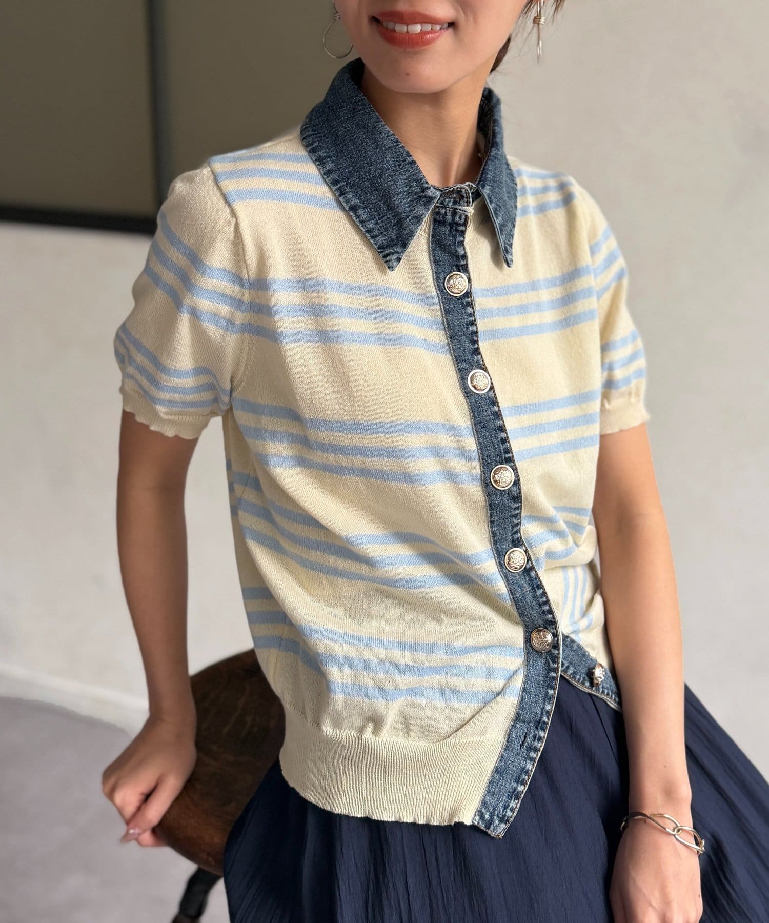 Chez toi(シェトワ) デニム切替ボーダーニットシャツ