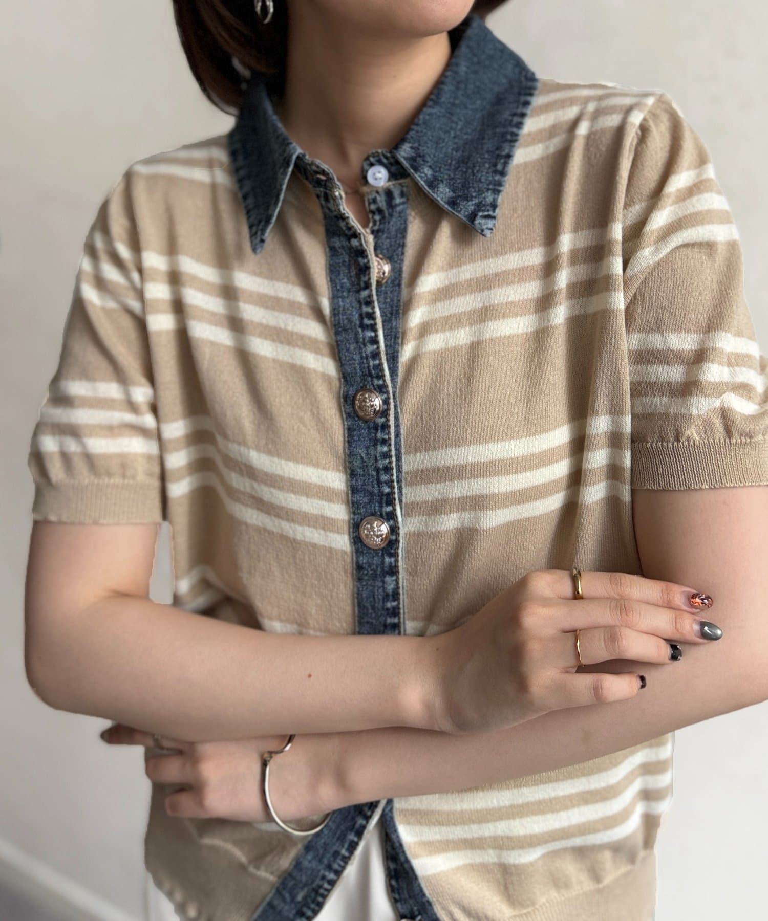 Chez toi(シェトワ) デニム切替ボーダーニットシャツ