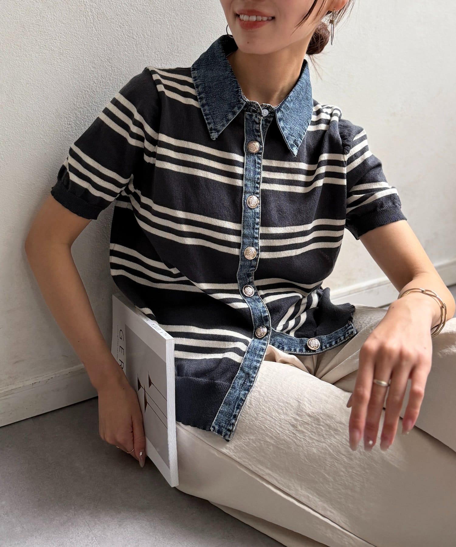 Chez toi(シェトワ) デニム切替ボーダーニットシャツ