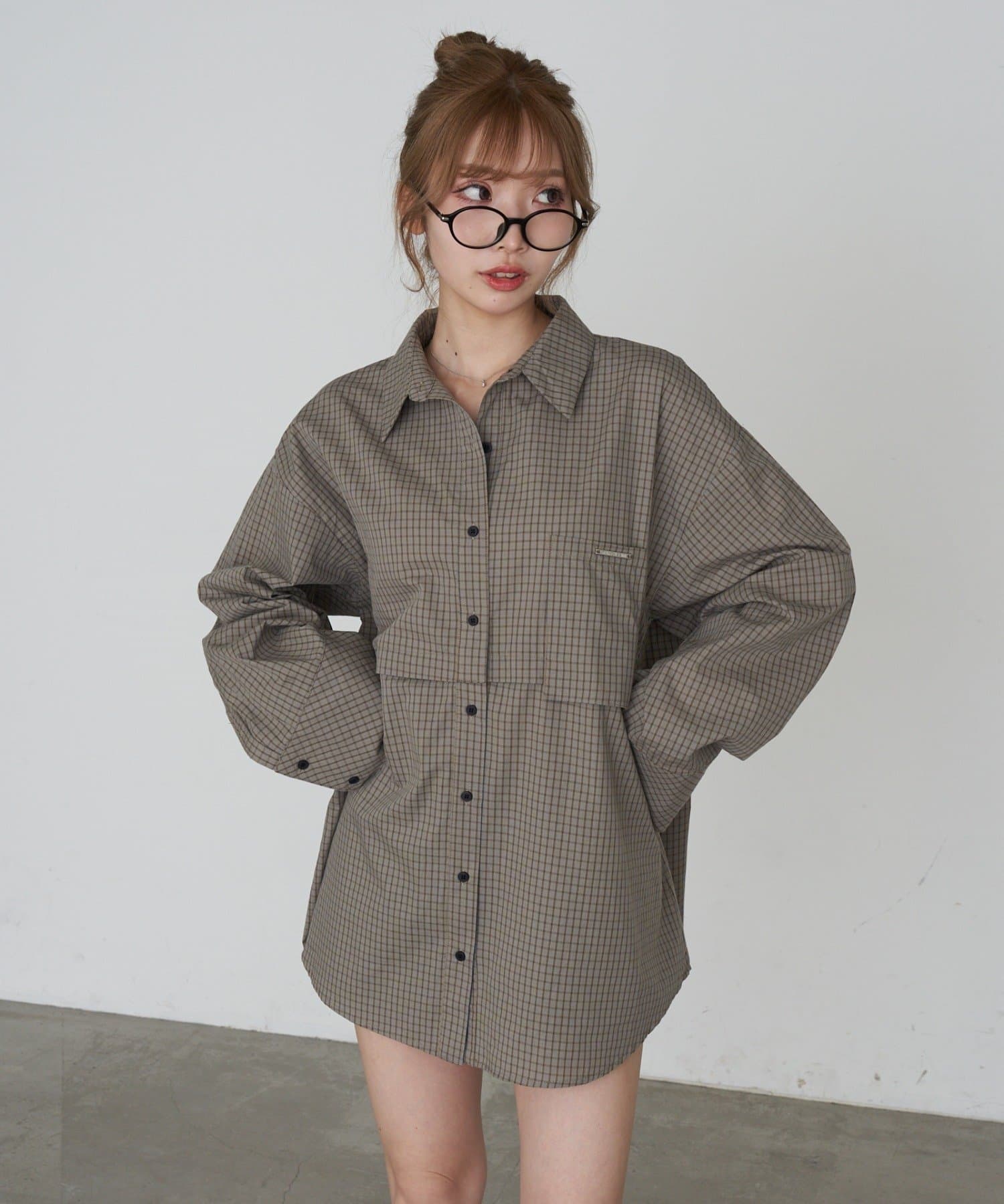 RAY CASSIN(レイカズン) 【ラインストーン / チェック】マルチウェイビッグシャツ / 短丈シャツ