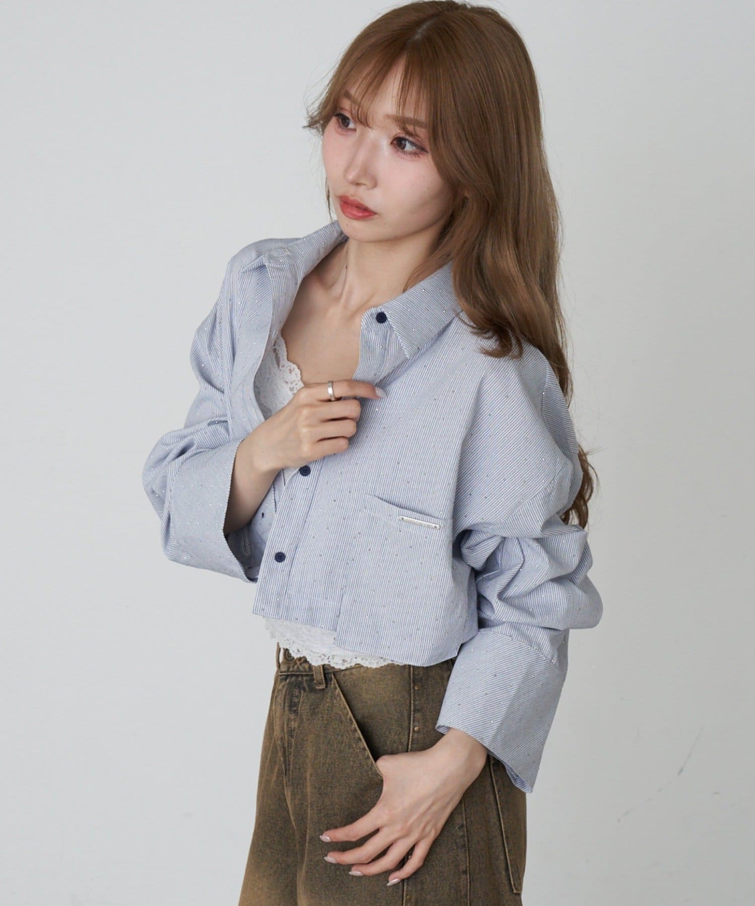 RAY CASSIN(レイカズン) 【ラインストーン / チェック】マルチウェイビッグシャツ / 短丈シャツ