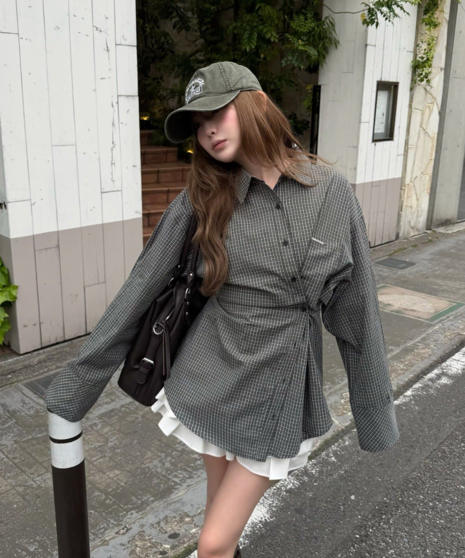 RAY CASSIN(レイカズン) 【ラインストーン / チェック】マルチウェイビッグシャツ / 短丈シャツ