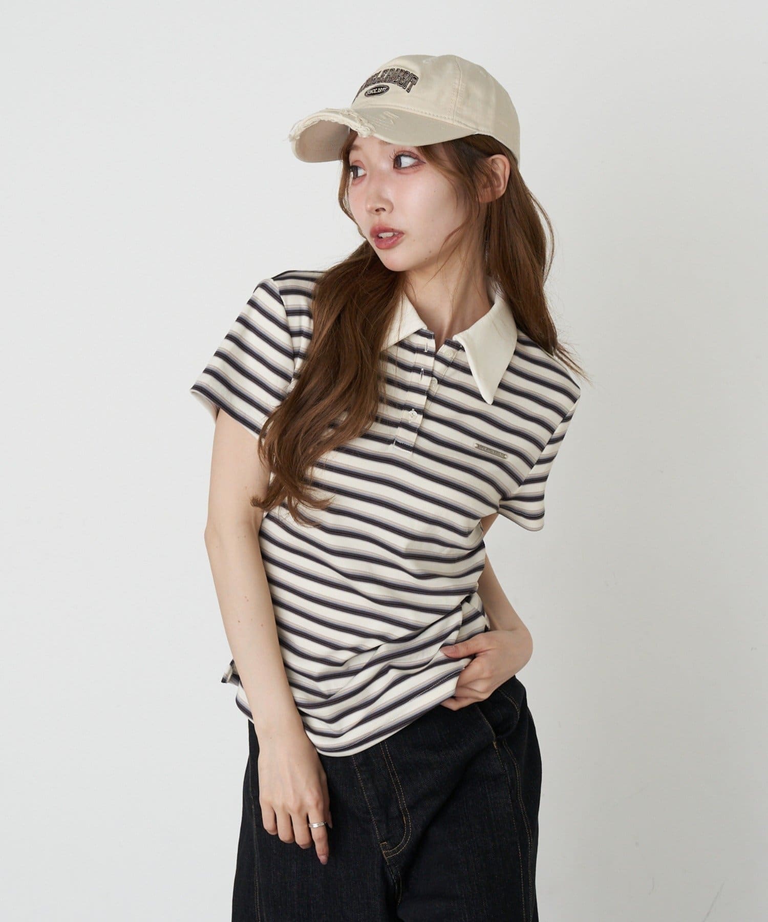 RAY CASSIN(レイカズン) マルチボーダー胸刺繍半袖ポロ