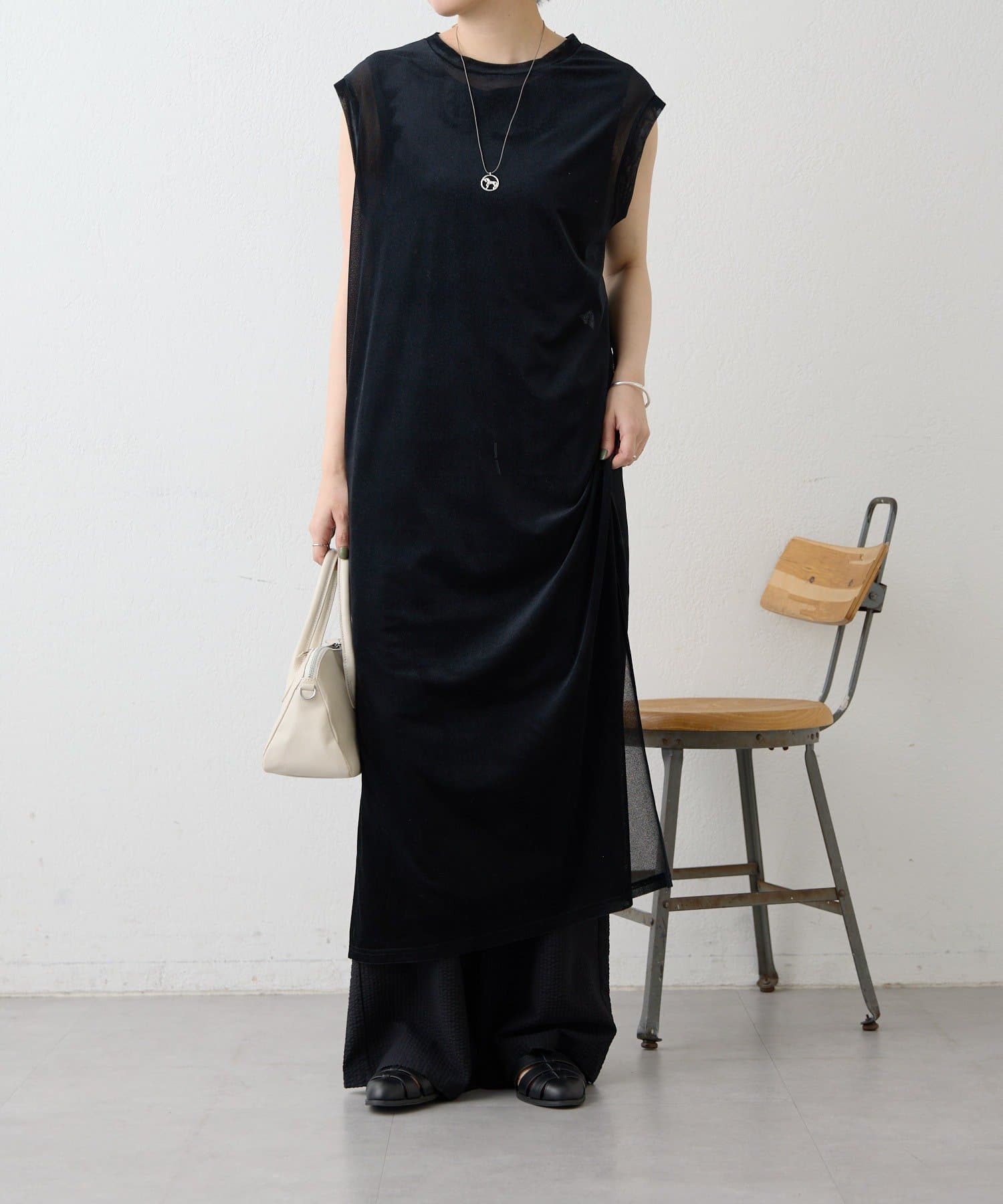 ear PAPILLONNER(イア パピヨネ) 《透け感あり/ストレッチ/レイヤード》ベロアシアーノースリーブワンピース【SUM1 STYLE(スミスタイル)】