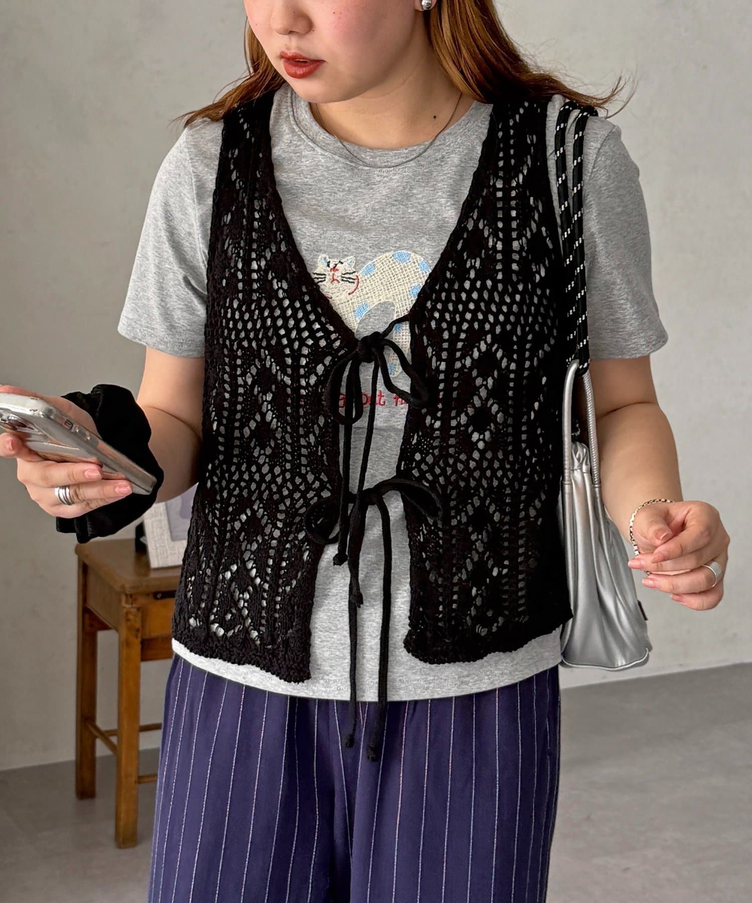 CPCM(シーピーシーエム) 前リボンかぎ編みビスチェ