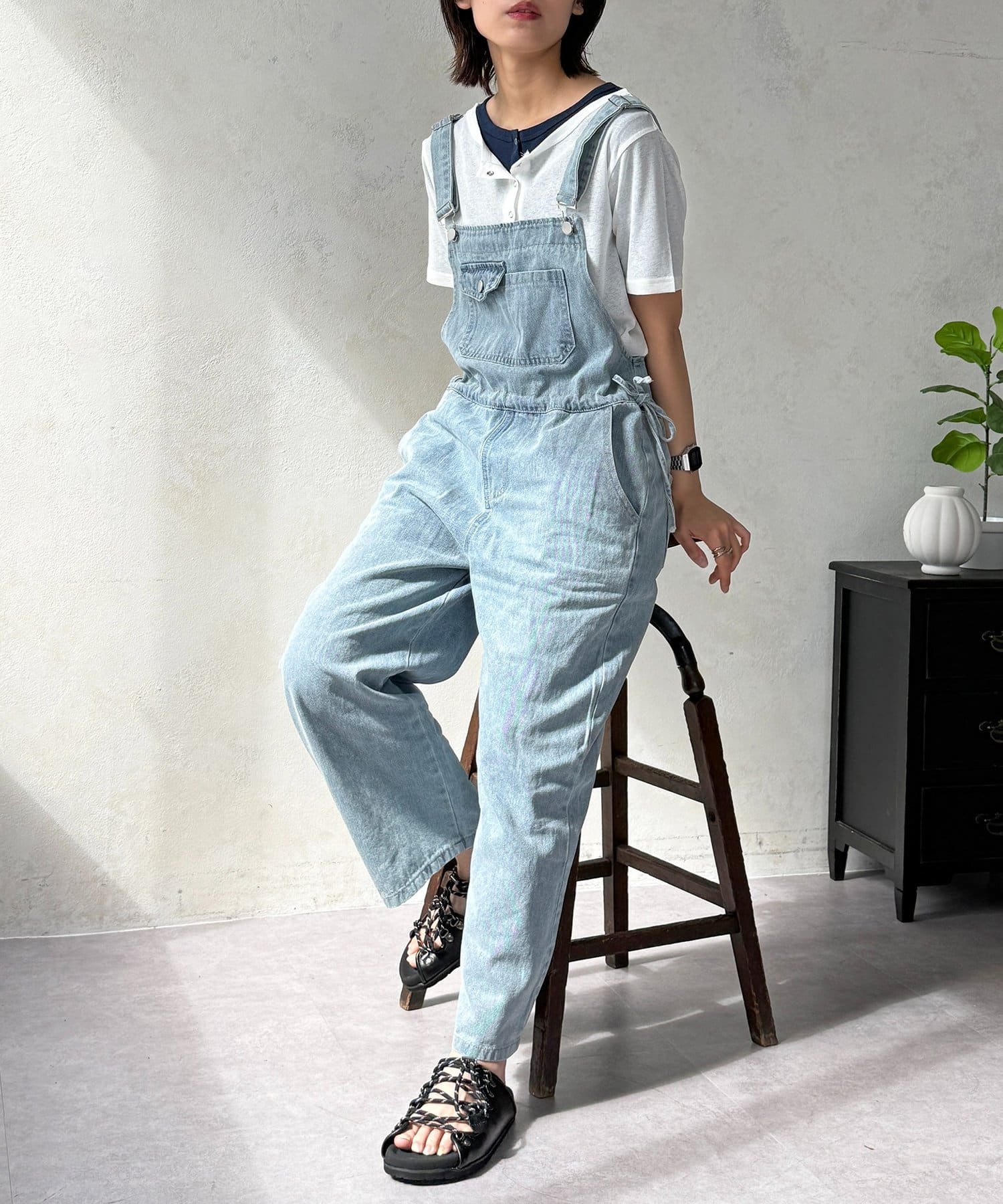 CPCM(シーピーシーエム) ウエストリボンデニムサロペット