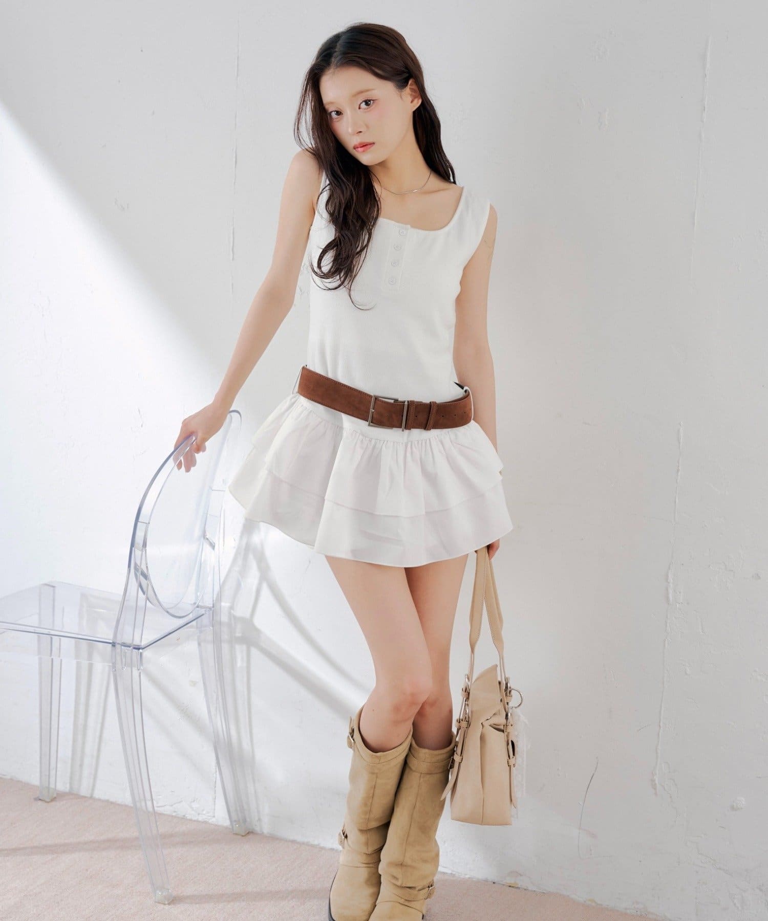 Chico(チコ) ベルト付ティアードミニワンピース