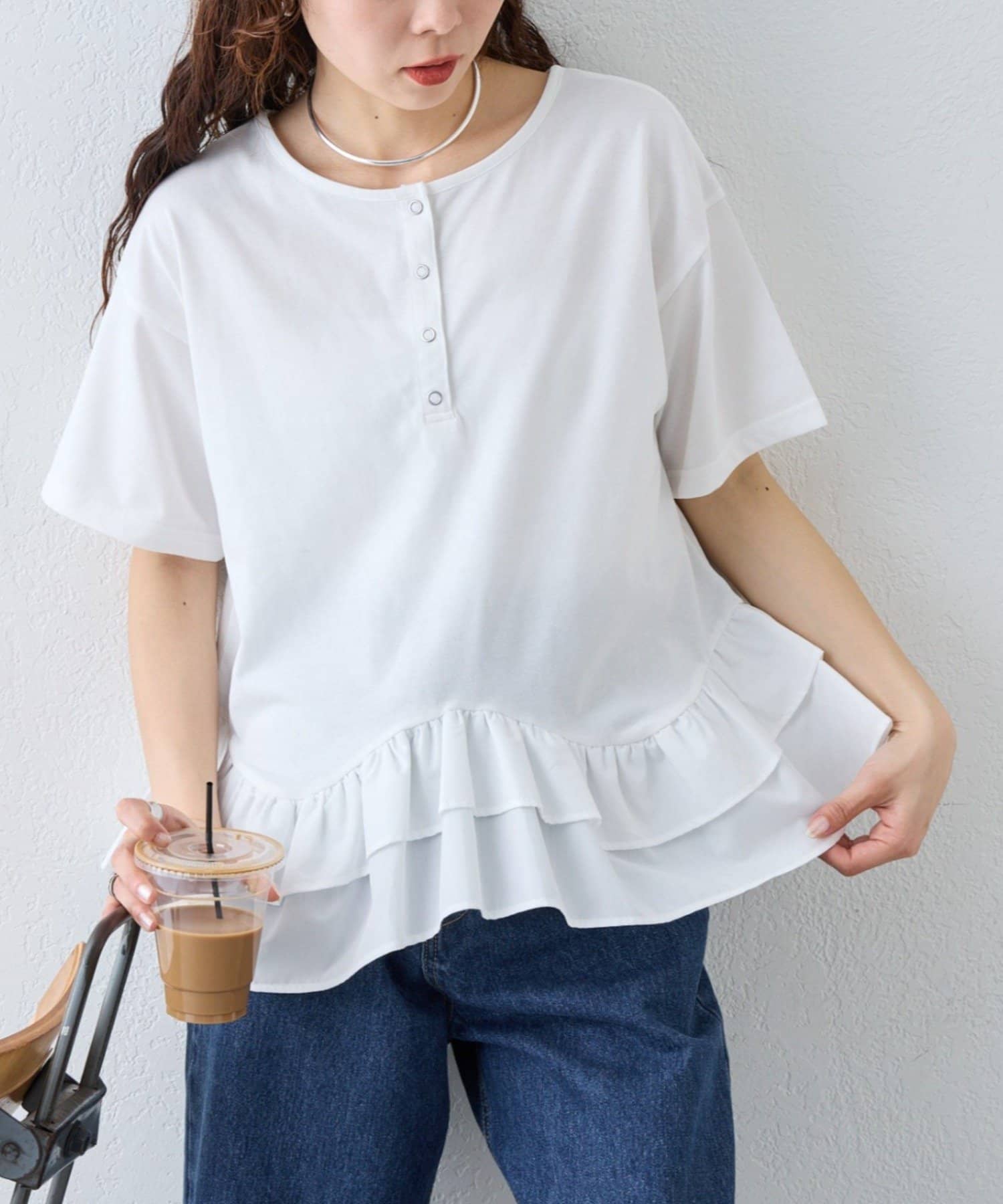 CIAOPANIC TYPY(チャオパニックティピー) 【多機能素材/前後2WAY】裾フリルヘンリーネックデザインTee