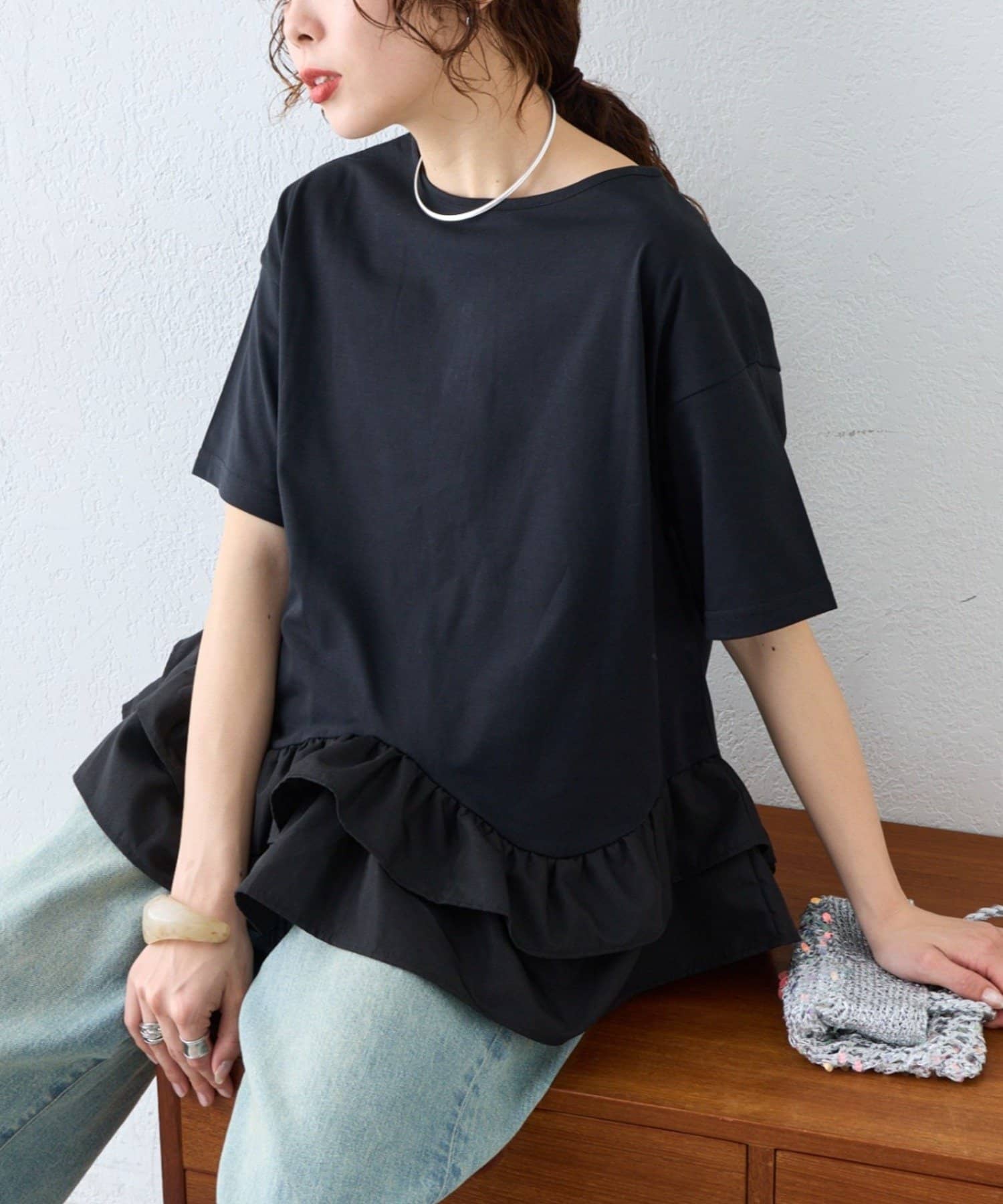 CIAOPANIC TYPY(チャオパニックティピー) 【多機能素材/前後2WAY】裾フリルヘンリーネックデザインTee