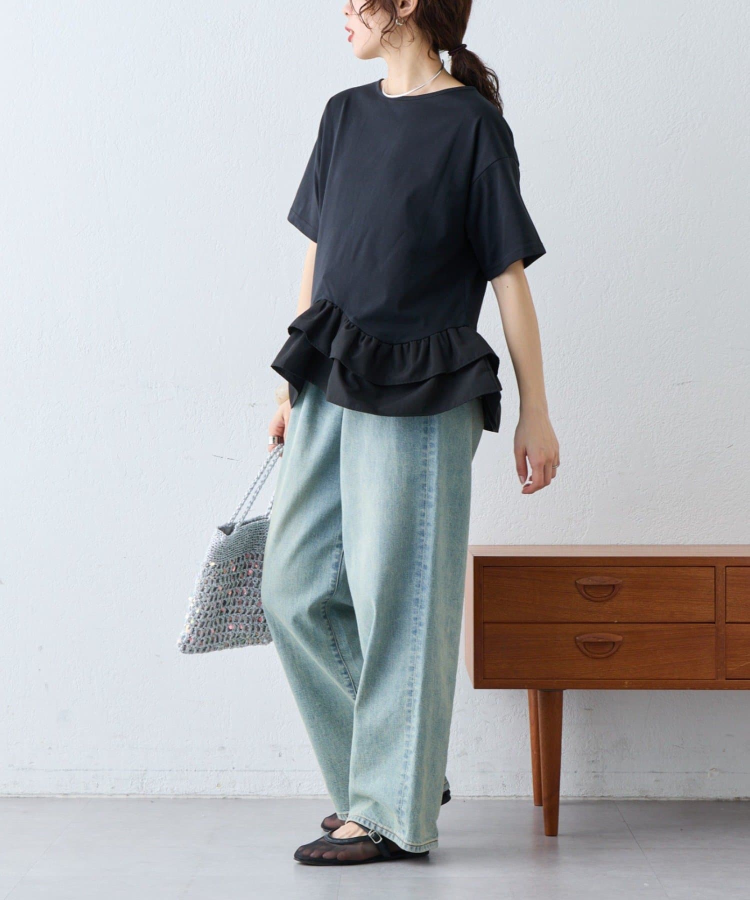 CIAOPANIC TYPY(チャオパニックティピー) 【多機能素材/前後2WAY】裾フリルヘンリーネックデザインTee