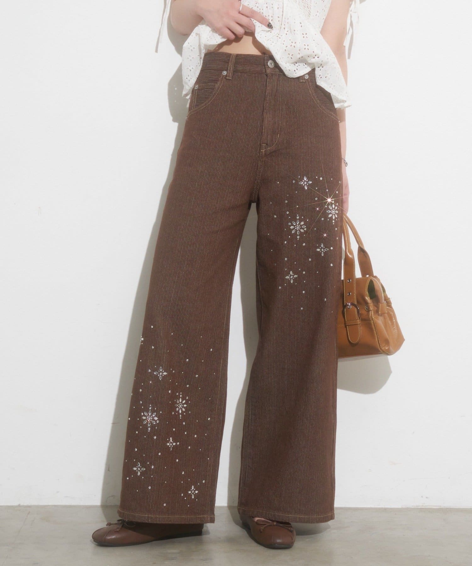 CIAOPANIC(チャオパニック) 【あみ(＠a.m.6.43)企画】ラインストーンストライプワイドデニム