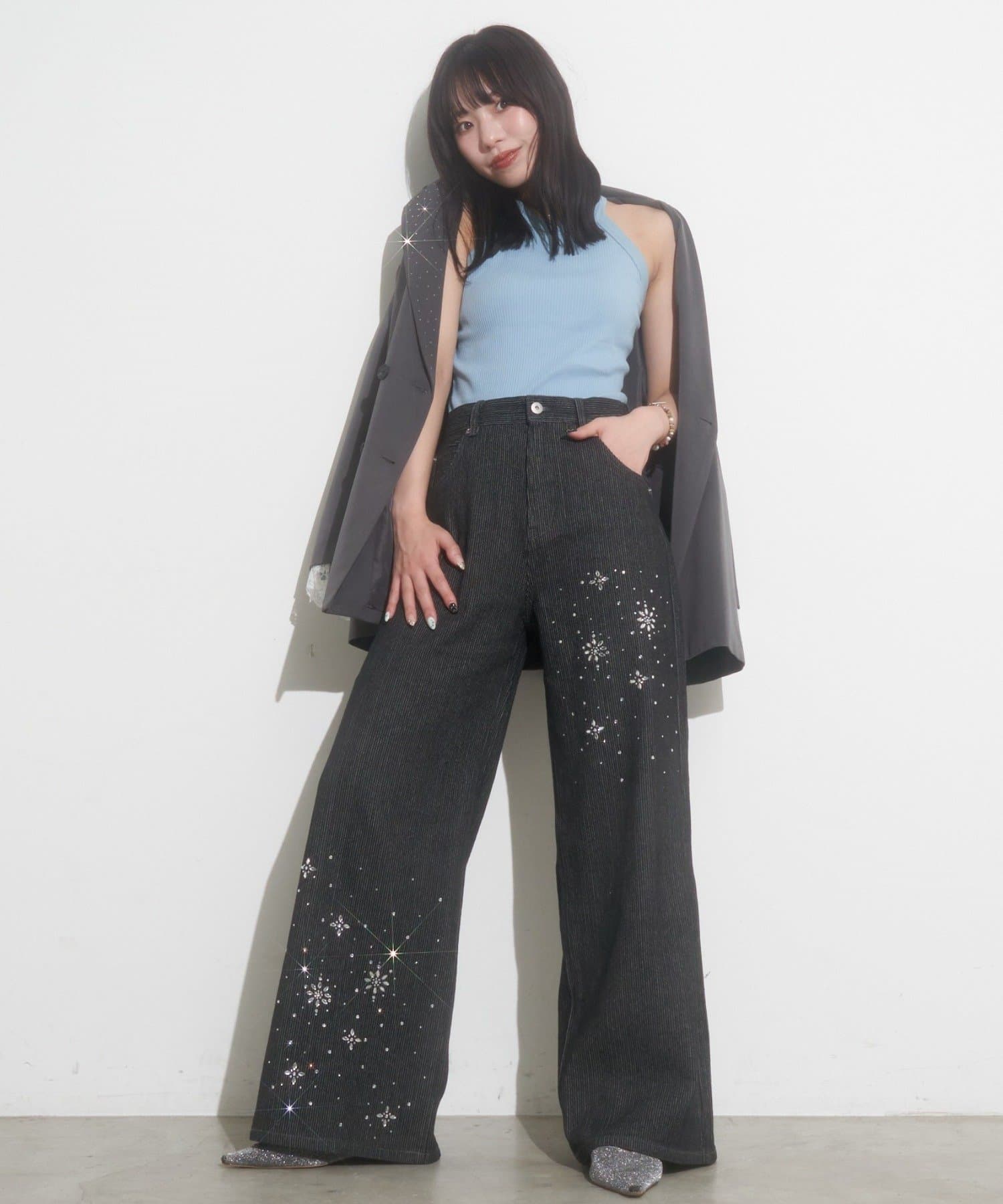 CIAOPANIC(チャオパニック) 【あみ(＠a.m.6.43)企画】ラインストーンストライプワイドデニム