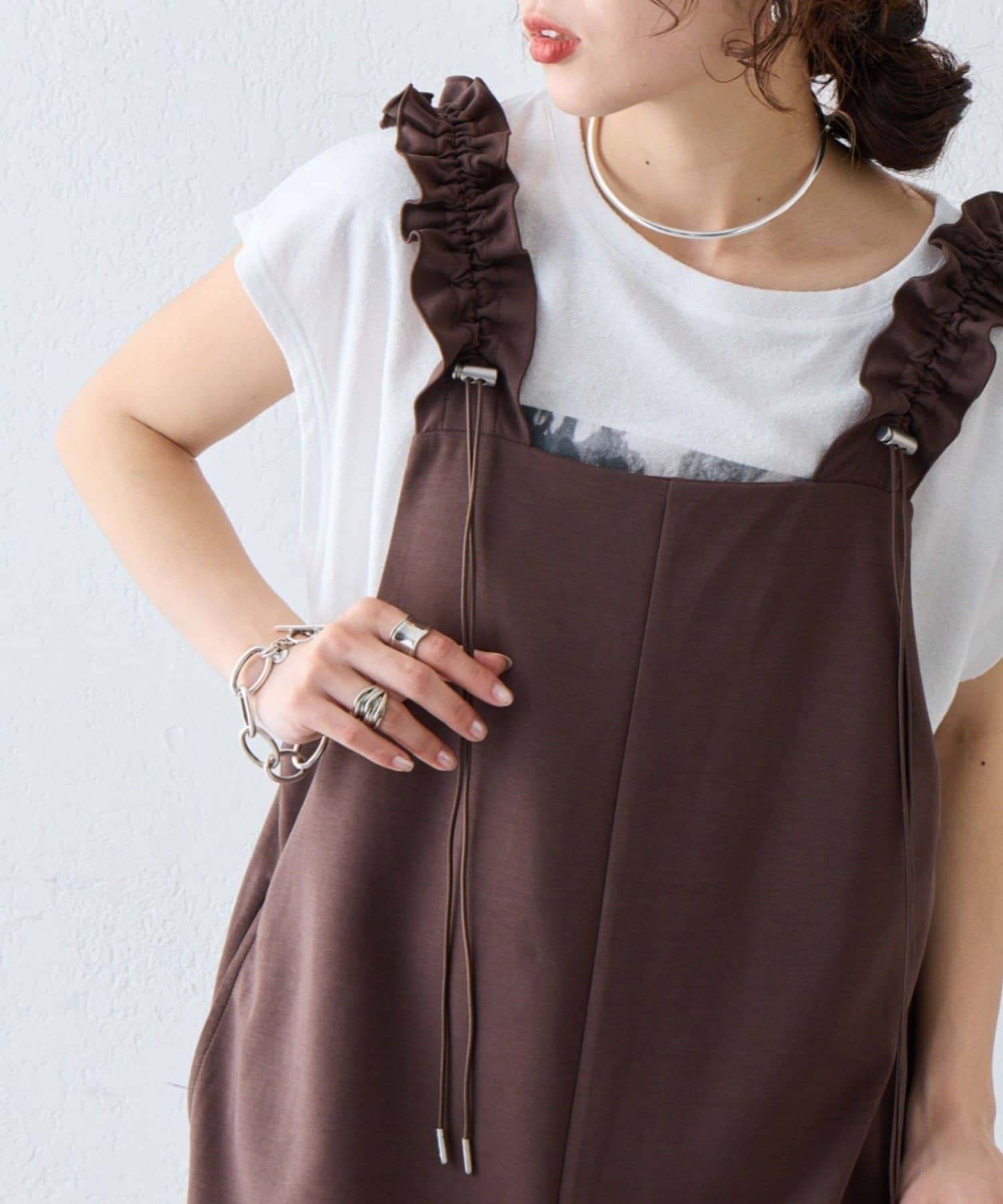 CIAOPANIC TYPY(チャオパニックティピー) 【3サイズ展開】肩ドロストギャザーカットソポンチサロペット