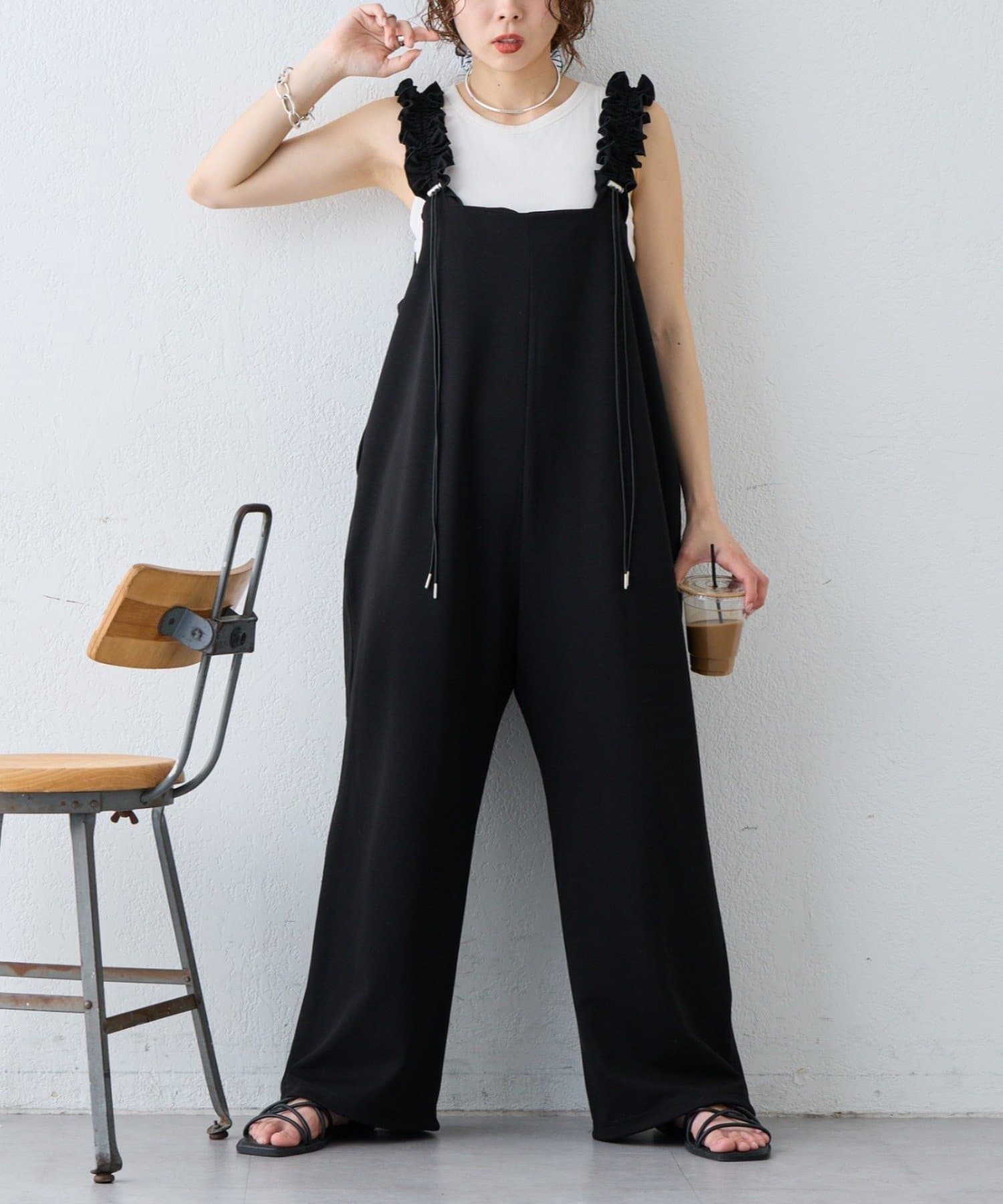 CIAOPANIC TYPY(チャオパニックティピー) 【3サイズ展開】肩ドロストギャザーカットソポンチサロペット