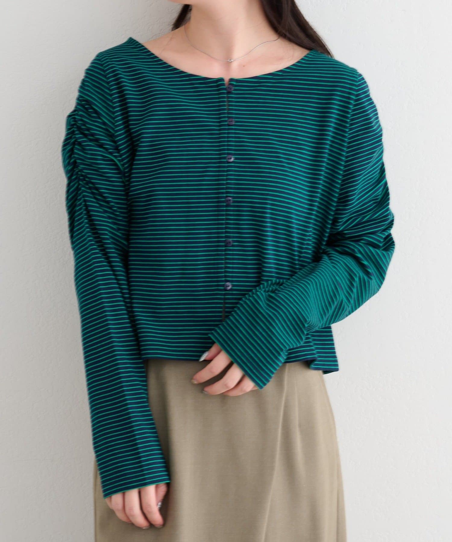 OUTLET(アウトレット) 【Kastane】B ボーダーギャザーショルダーカーディガン