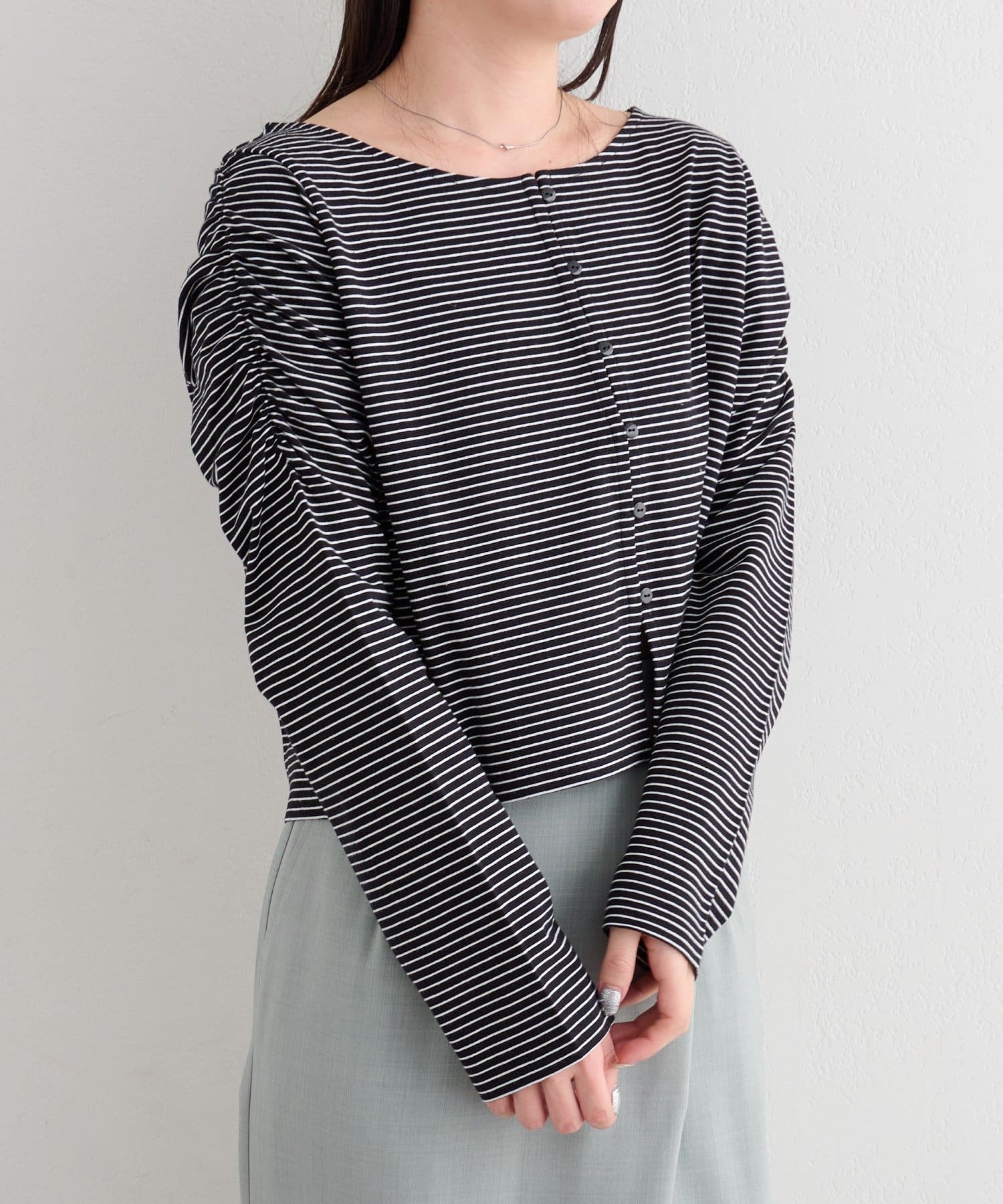 OUTLET(アウトレット) 【Kastane】B ボーダーギャザーショルダーカーディガン