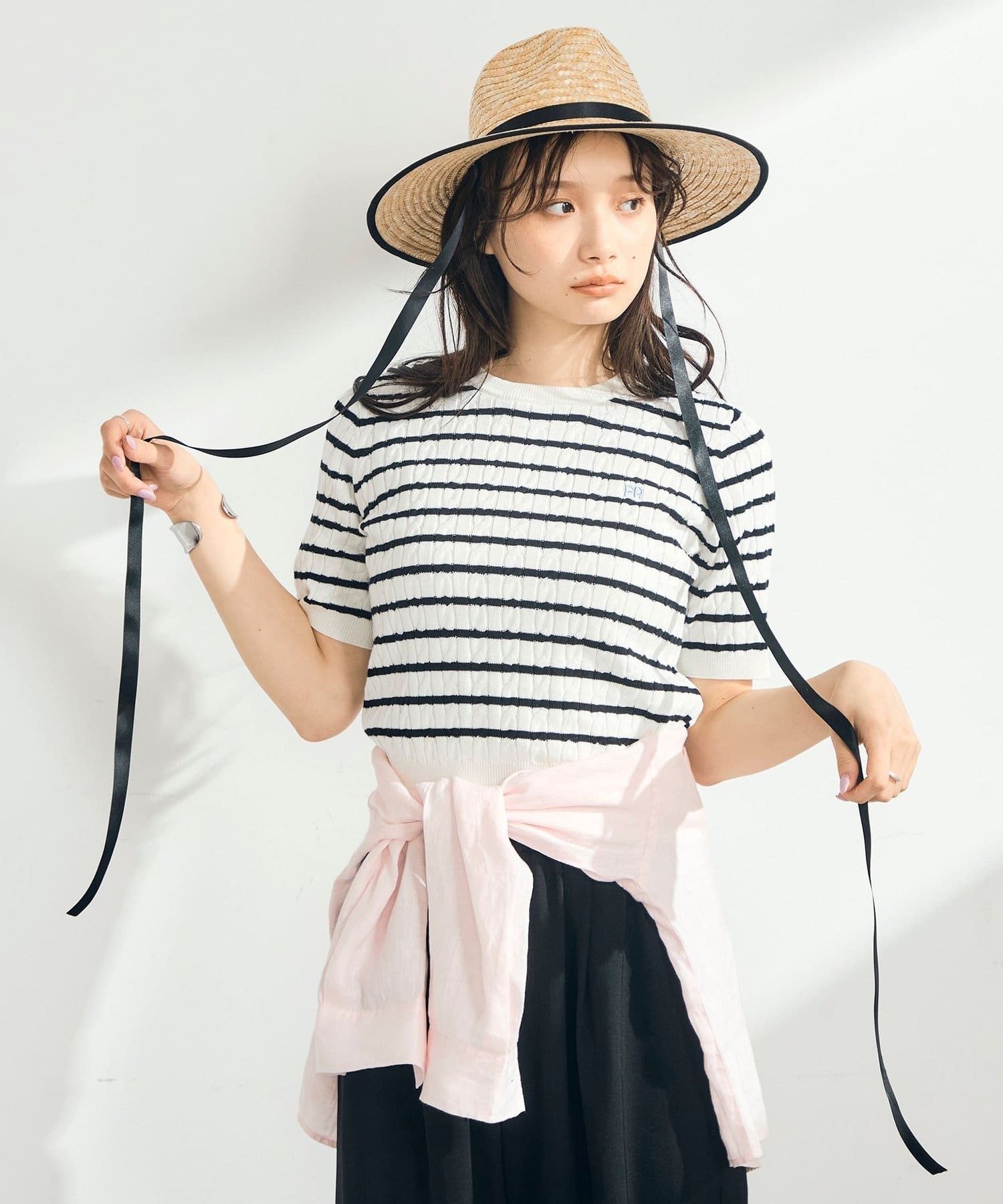 FREDY & GLOSTER(フレディ アンド グロスター) 【WEB限定/大人気シリーズ】FR刺しゅうケーブル柄半袖プルオーバーニット