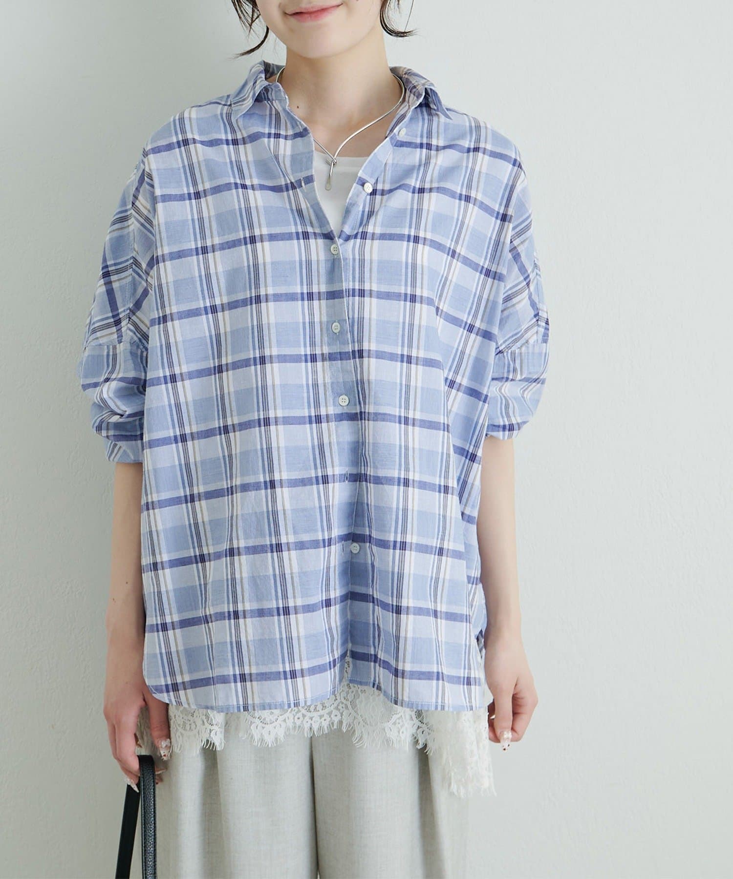 PUAL CE CIN(ピュアルセシン) 綿麻チェックオーバーシャツブラウス