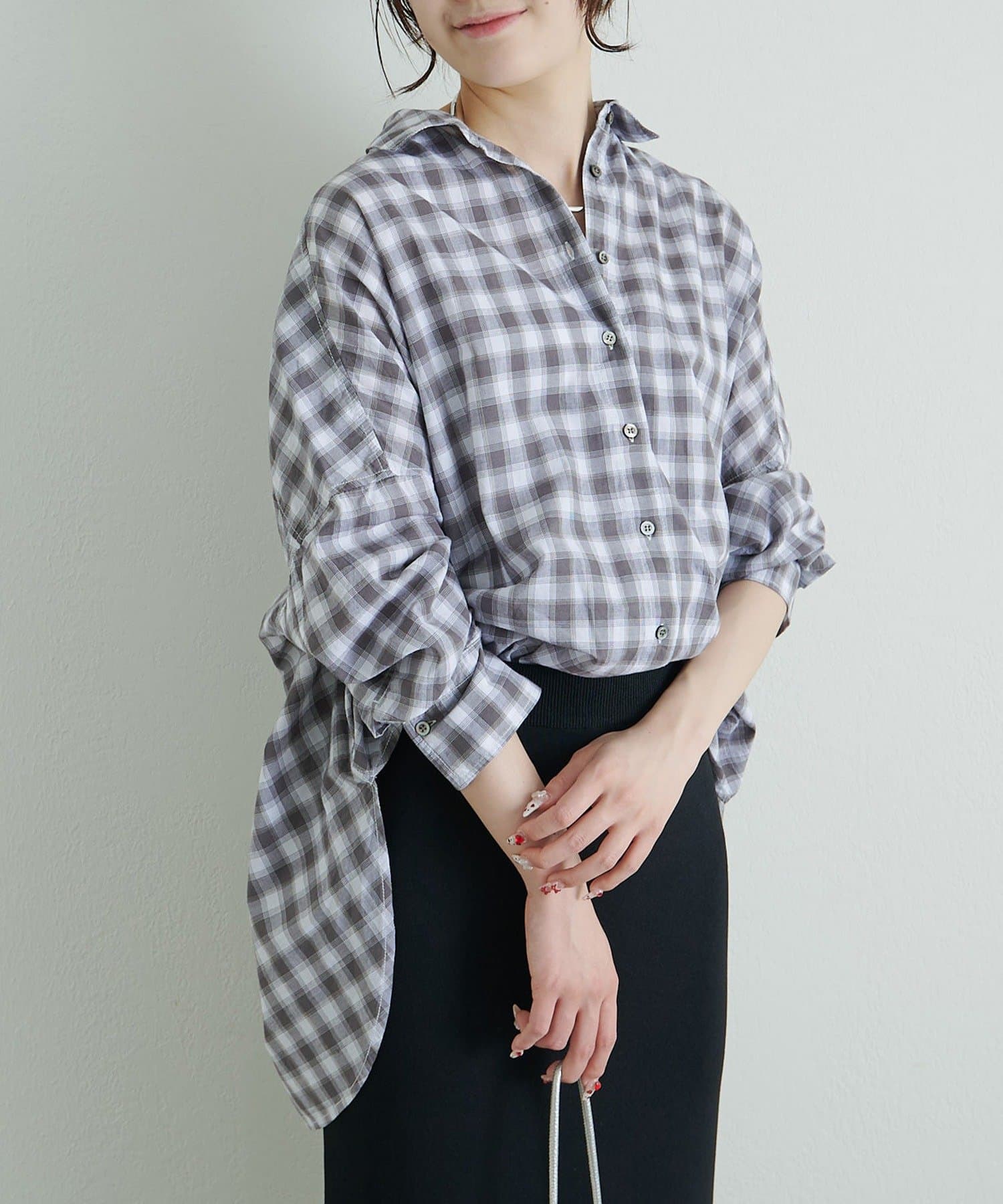 PUAL CE CIN(ピュアルセシン) 綿麻チェックオーバーシャツブラウス