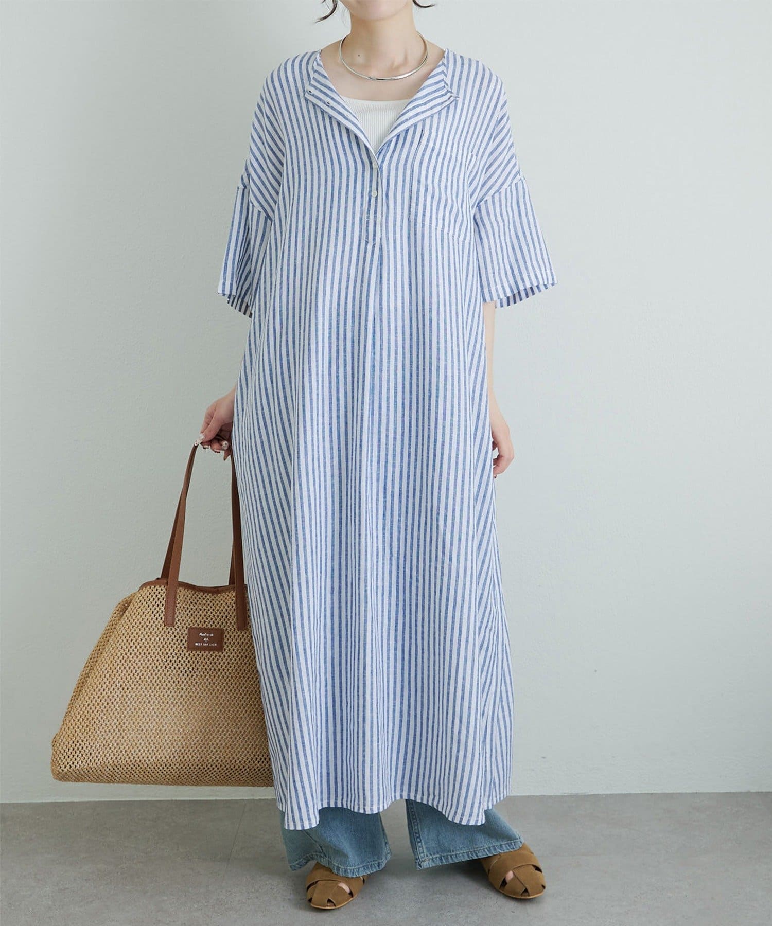 PUAL CE CIN(ピュアルセシン) 麻レーヨンストライプヘンリーネックワンピース