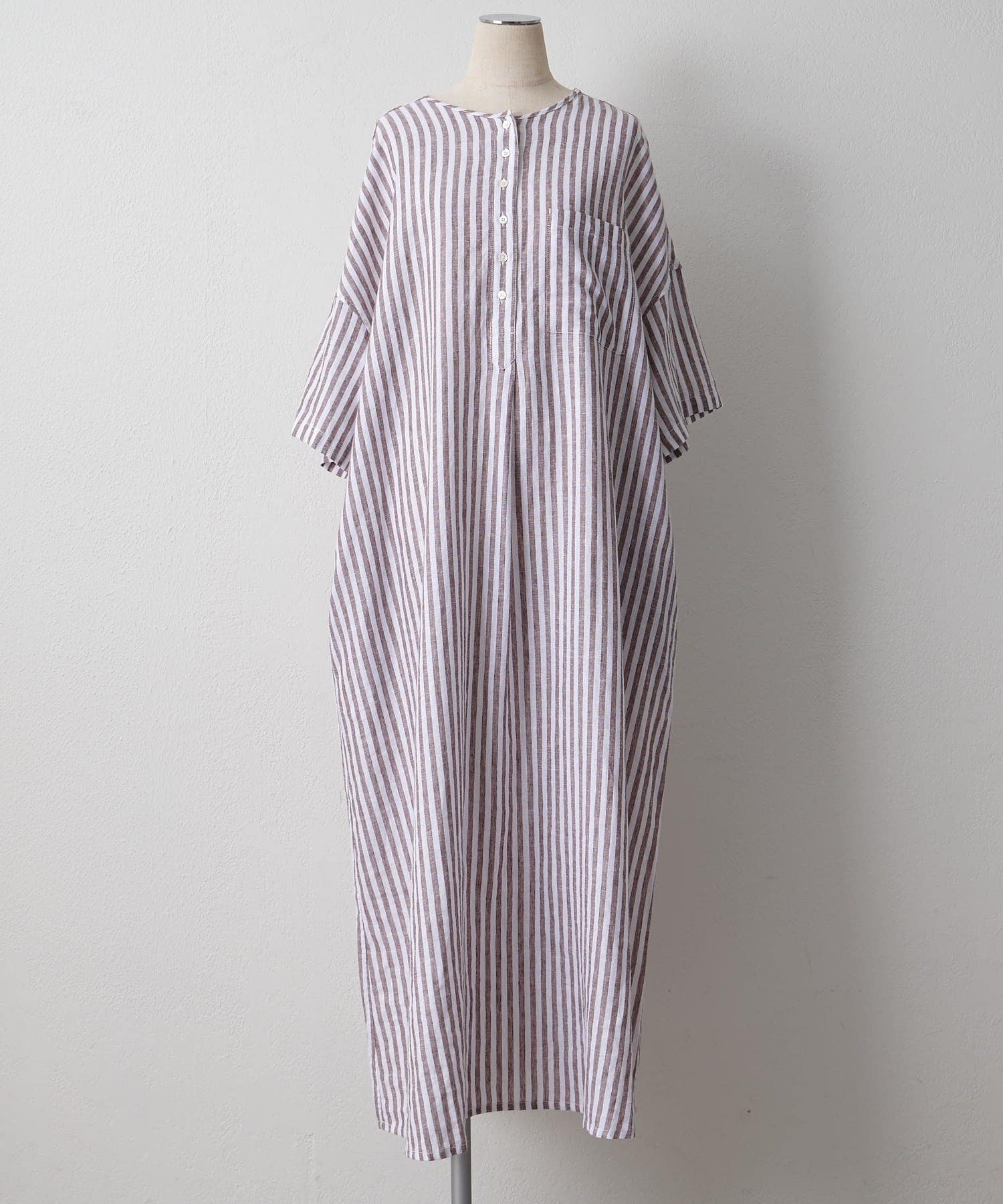 PUAL CE CIN(ピュアルセシン) 麻レーヨンストライプヘンリーネックワンピース