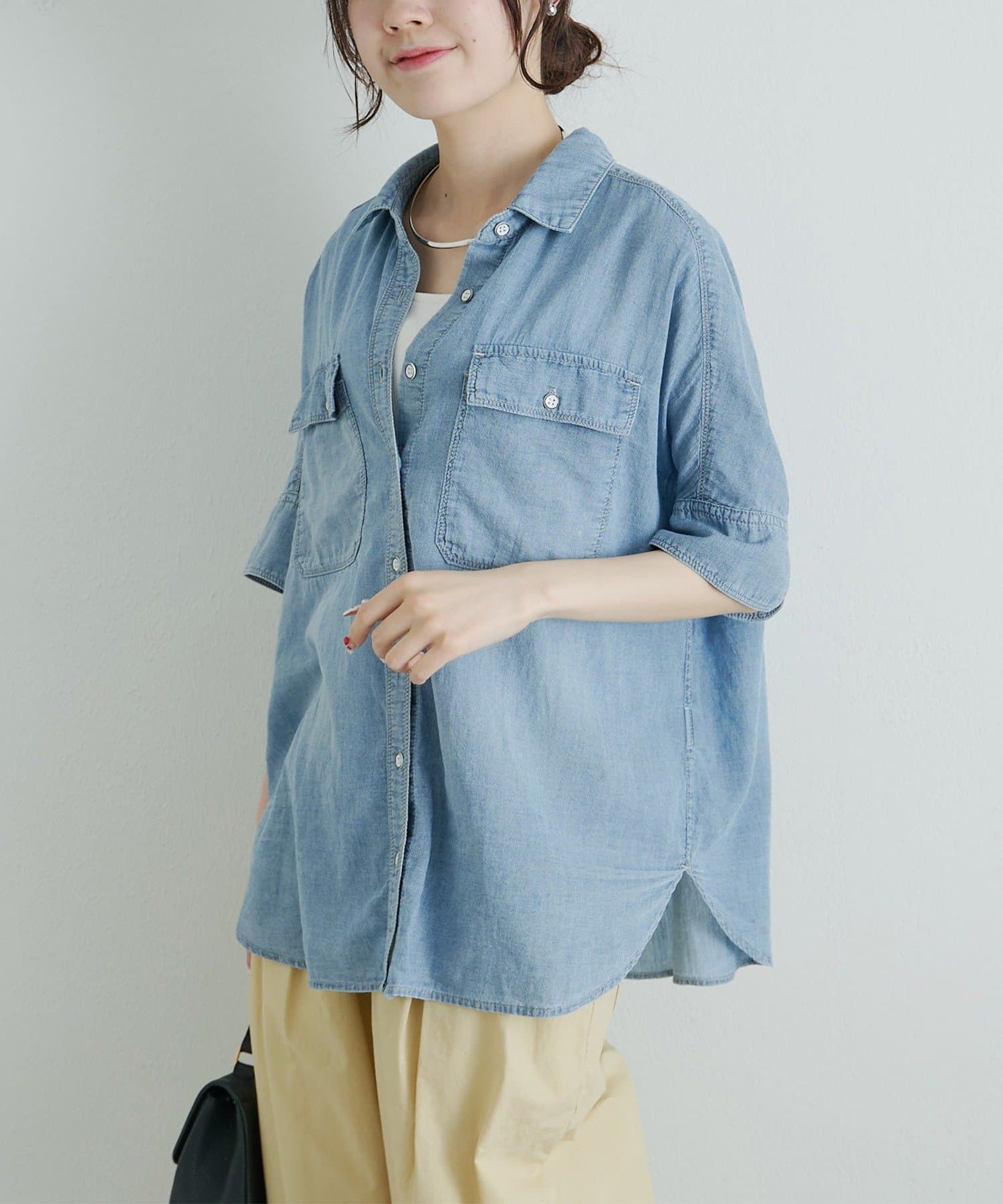PUAL CE CIN(ピュアルセシン) シアーデニムハーフスリーブブラウス