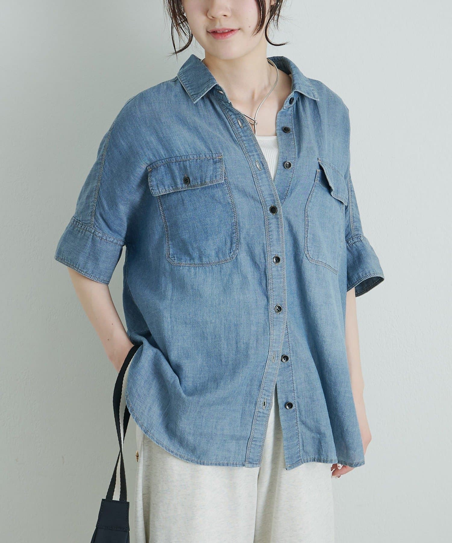 PUAL CE CIN(ピュアルセシン) シアーデニムハーフスリーブブラウス