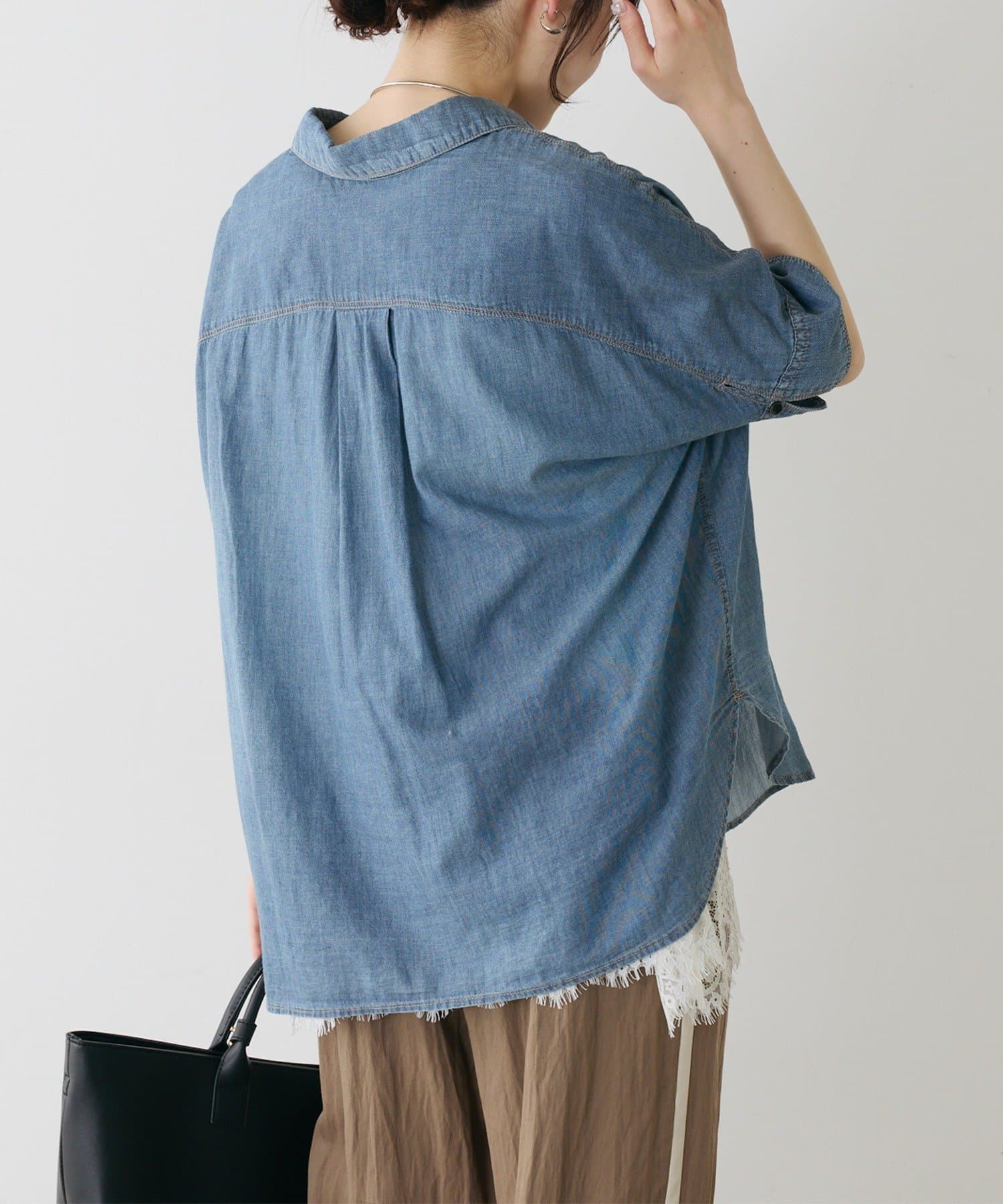 PUAL CE CIN(ピュアルセシン) シアーデニムハーフスリーブブラウス