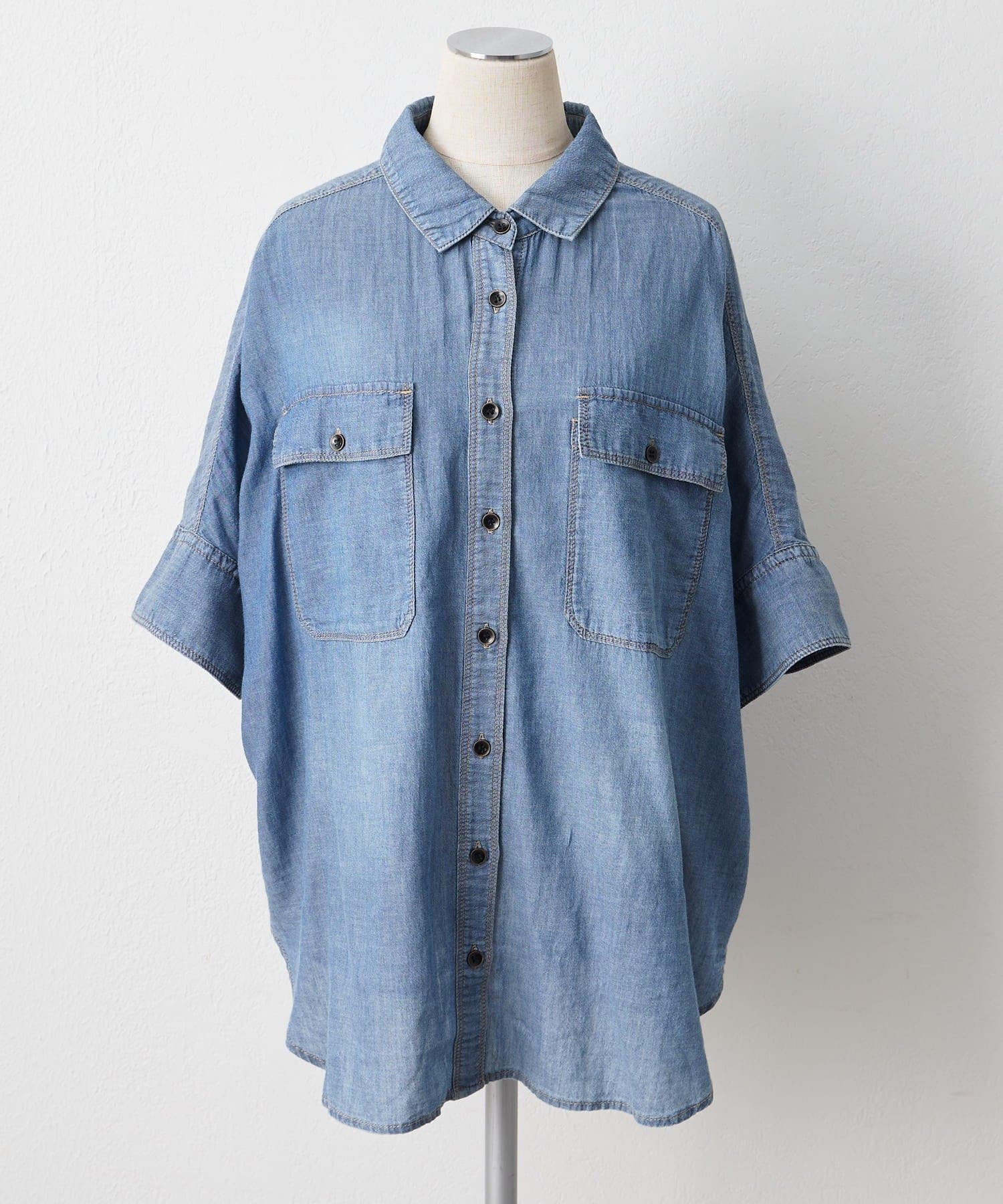 PUAL CE CIN(ピュアルセシン) シアーデニムハーフスリーブブラウス