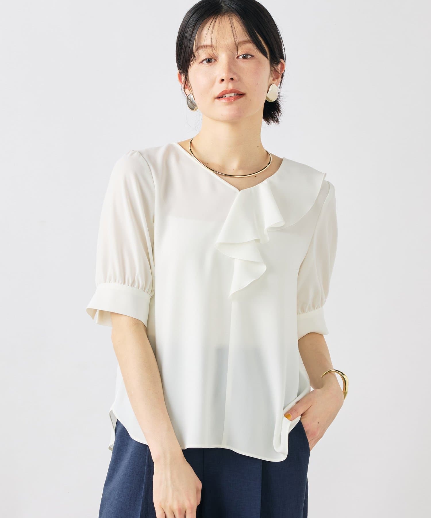 NOLLEY'S(ノーリーズ) ウォッシャブルジョーゼットアシメラッフルブラウス