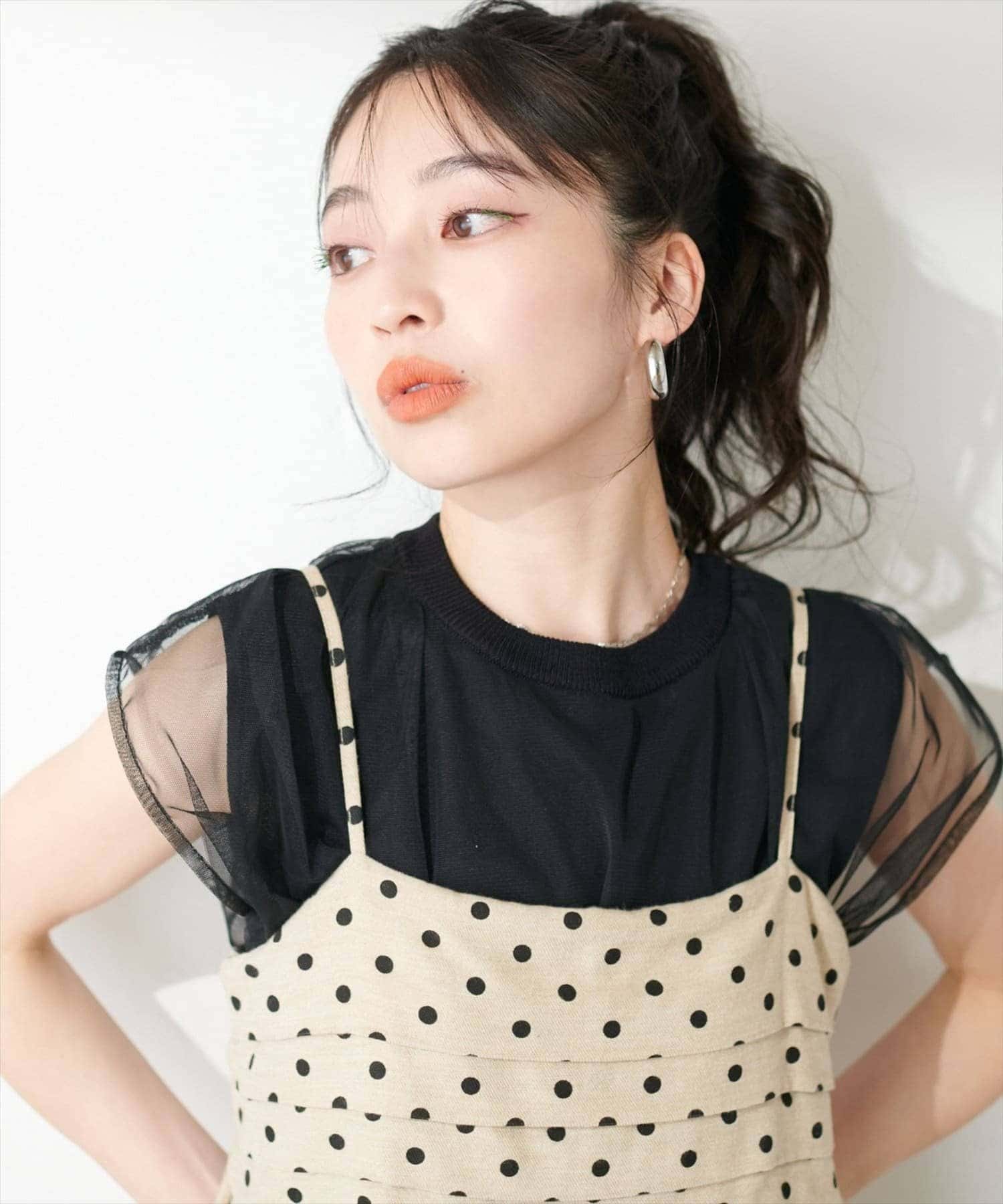 natural couture(ナチュラルクチュール) 【sherbet line】接触冷感チュール×ニットレイヤードTOPS