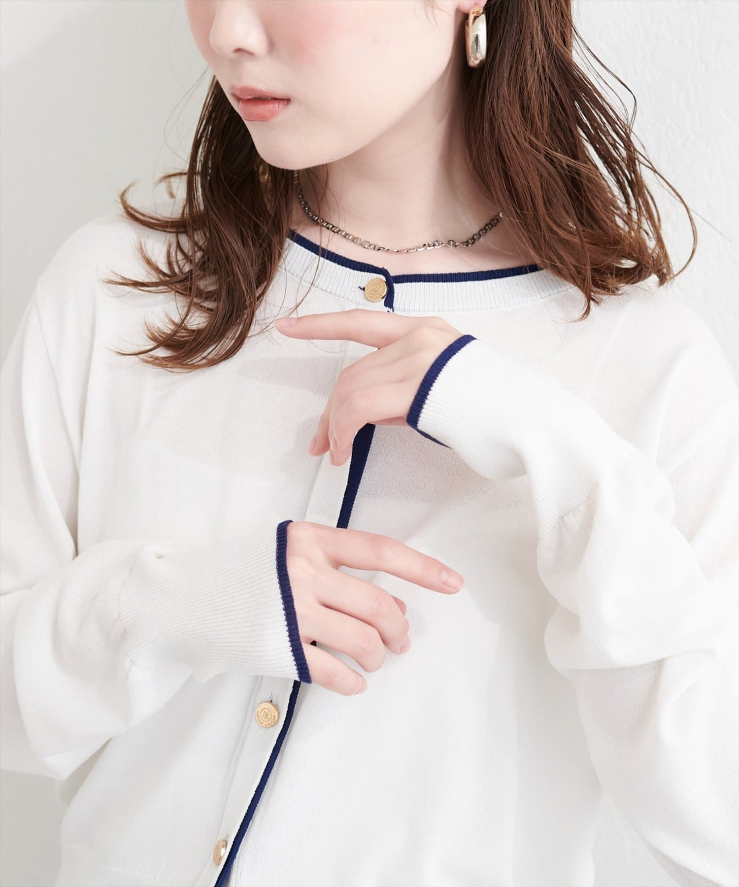 natural couture(ナチュラルクチュール) 【sherbet line】接触冷感・UVカット付き配色金ボタンカーディガン