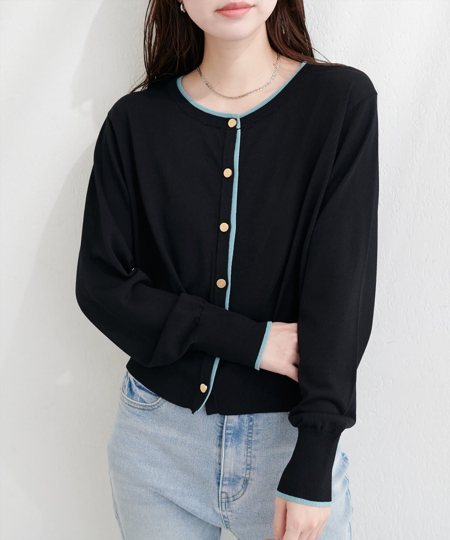 natural couture(ナチュラルクチュール) 【sherbet line】接触冷感・UVカット付き配色金ボタンカーディガン