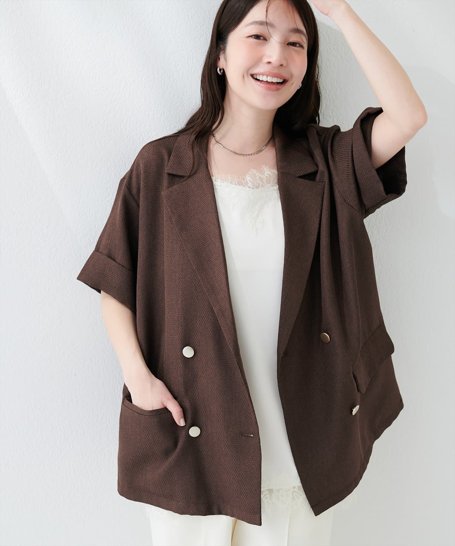 natural couture(ナチュラルクチュール) 半袖サマーツイードテーラードジャケット