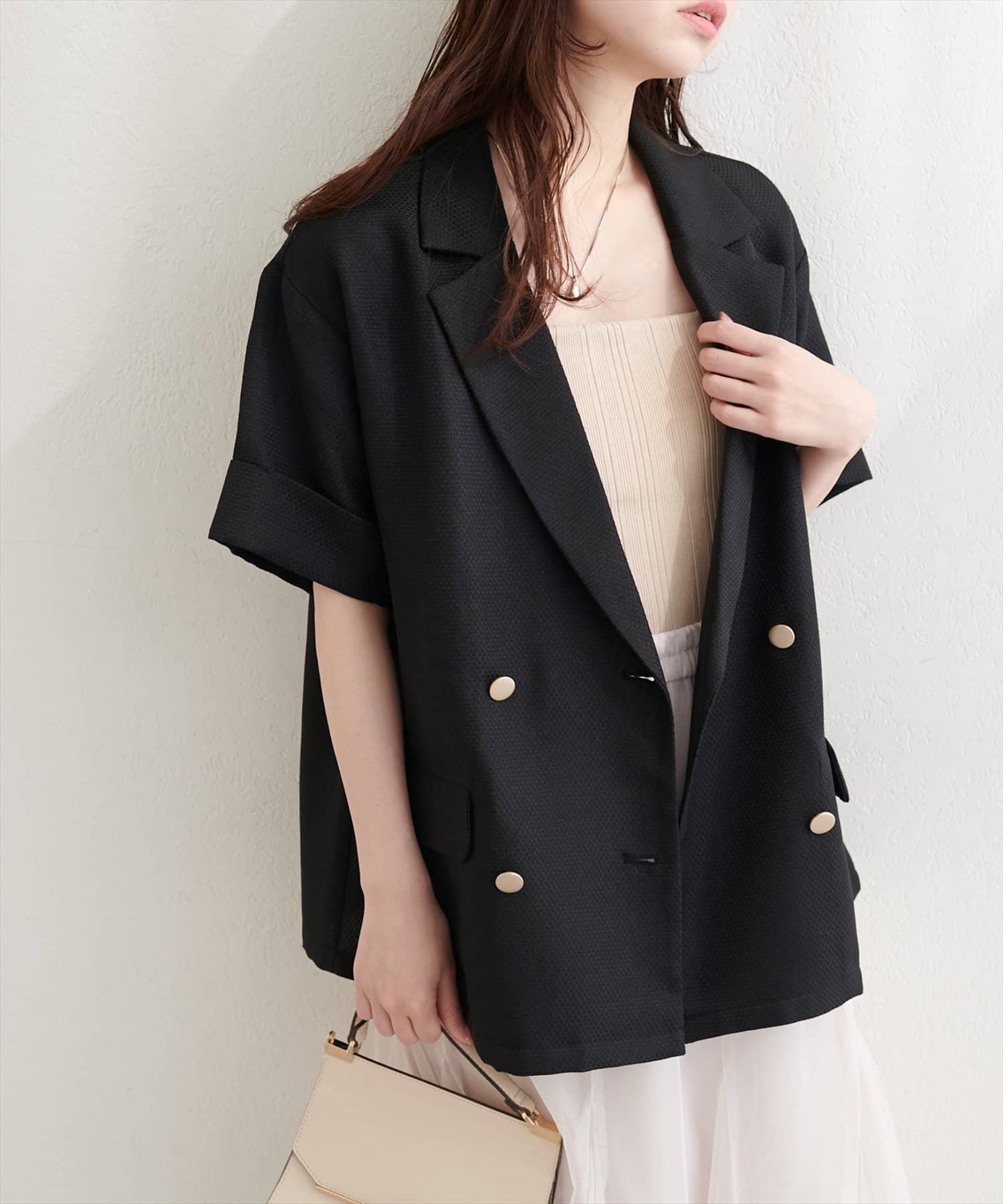 natural couture(ナチュラルクチュール) 半袖サマーツイードテーラードジャケット