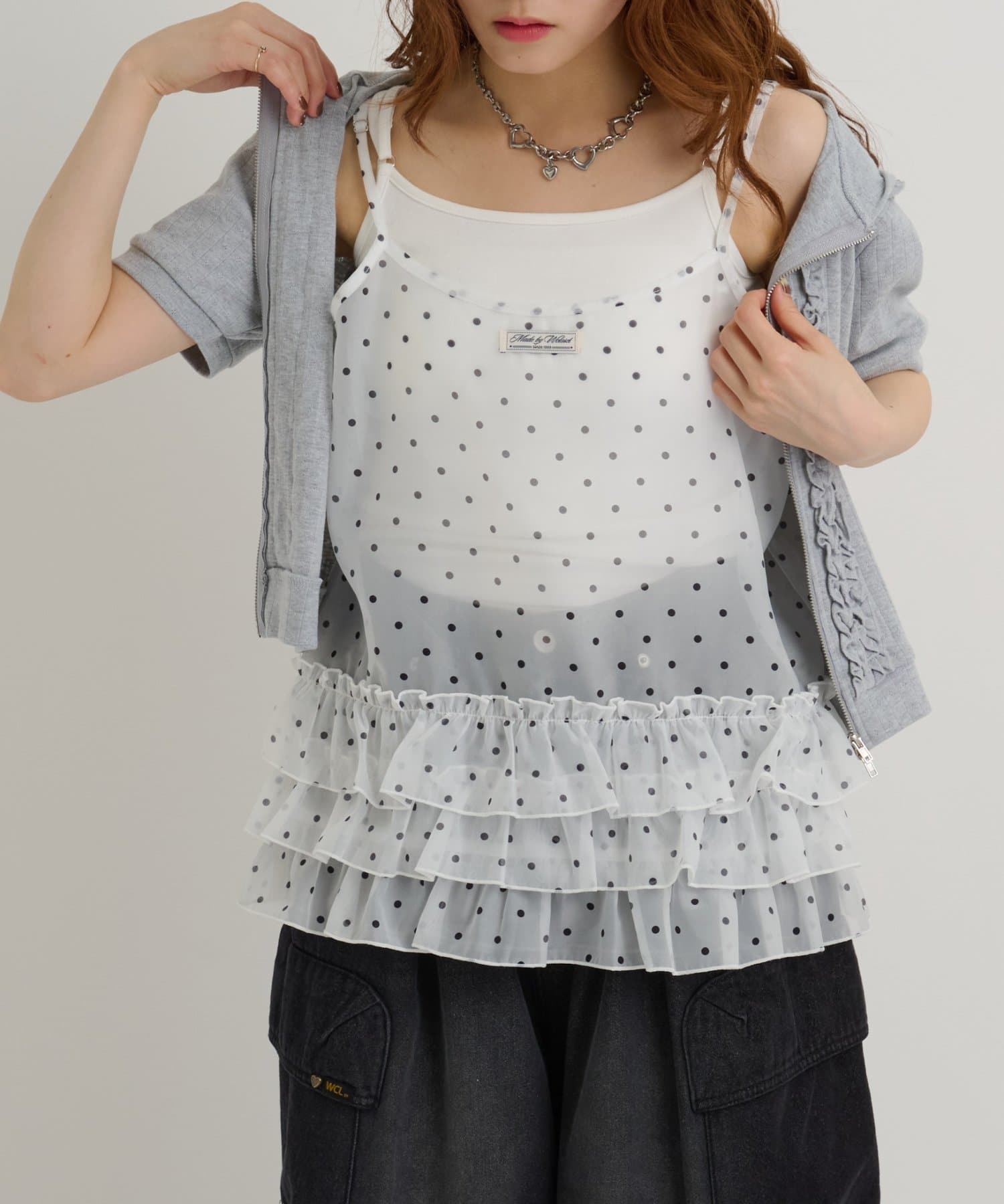 w closet(ダブルクローゼット) 【4色展開/無地/ドット柄】シアーフリルキャミ