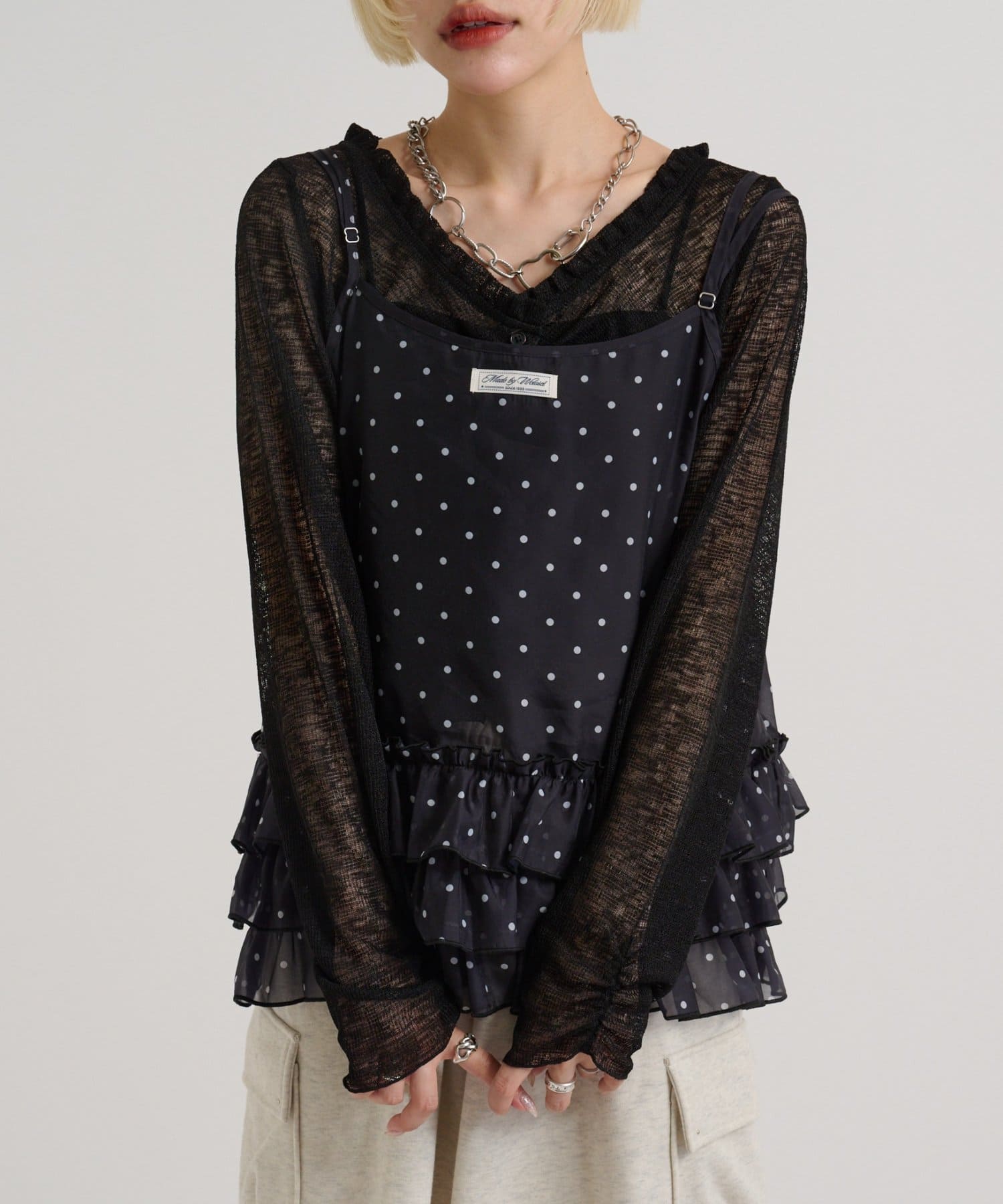 w closet(ダブルクローゼット) 【4色展開/無地/ドット柄】シアーフリルキャミ