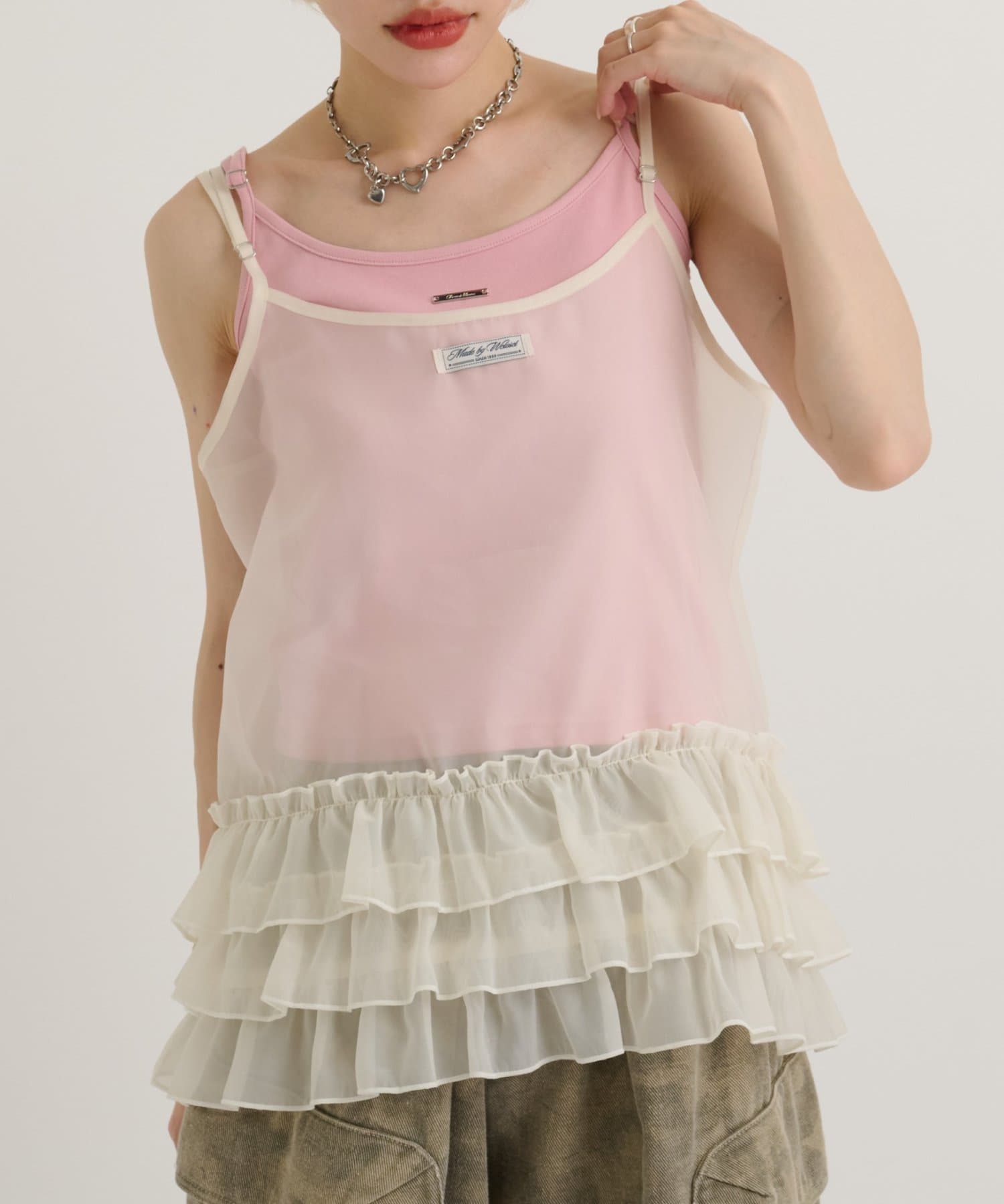 w closet(ダブルクローゼット) 【4色展開/無地/ドット柄】シアーフリルキャミ