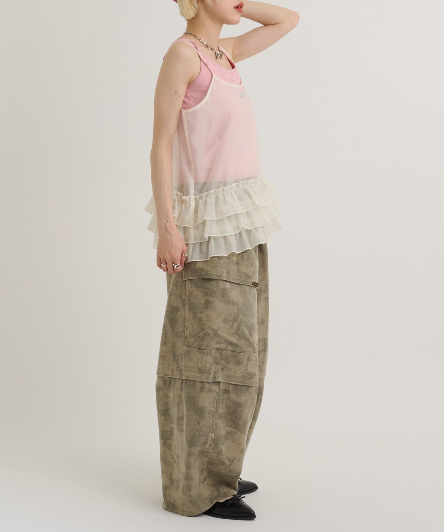 w closet(ダブルクローゼット) 【4色展開/無地/ドット柄】シアーフリルキャミ