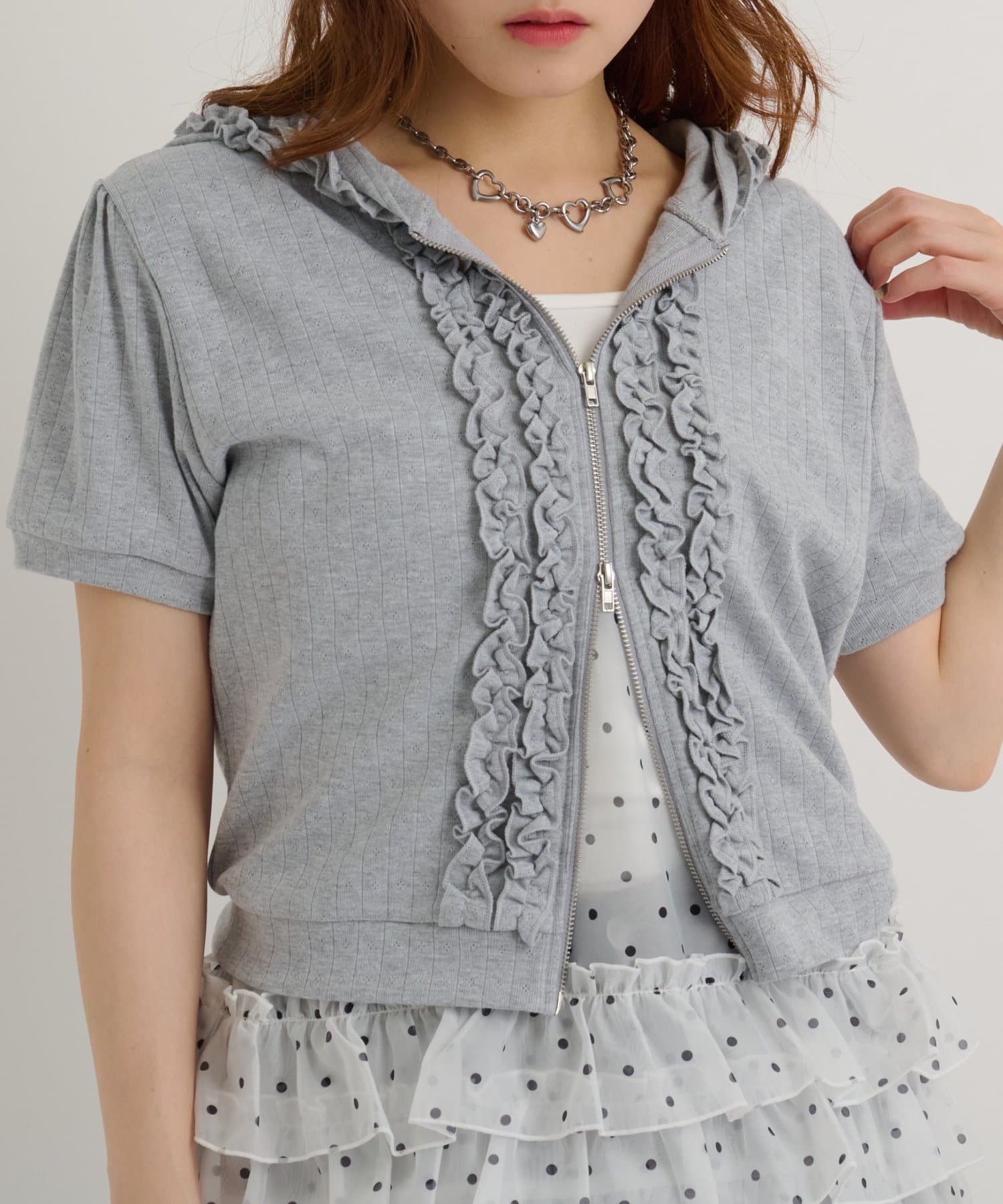 w closet(ダブルクローゼット) 【3色展開】フリル半袖パーカー