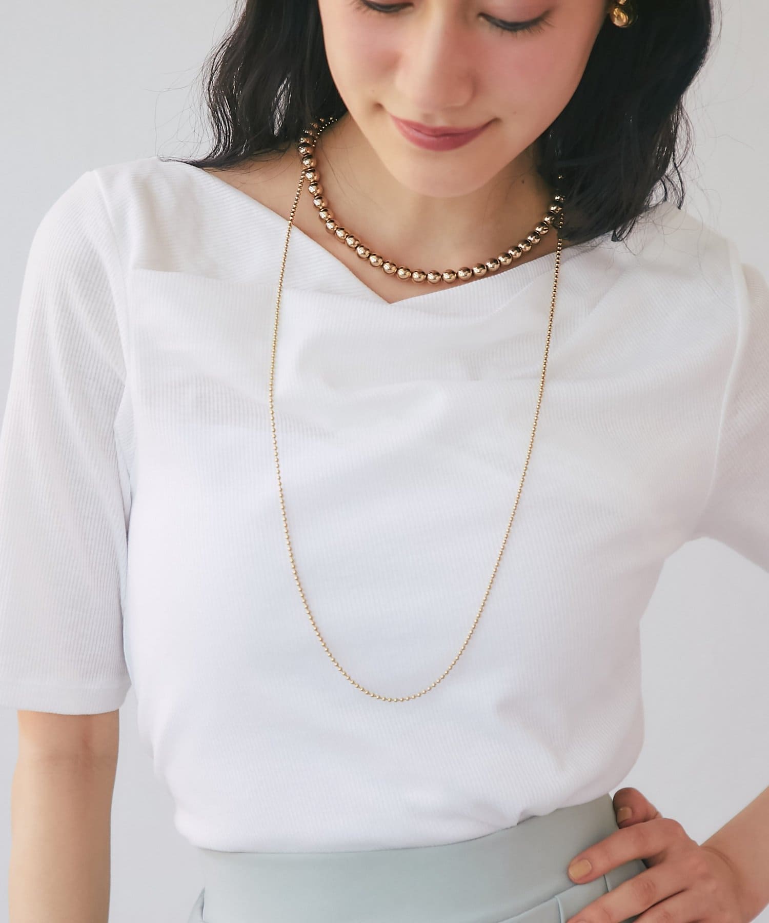 La boutique BonBon(ラブティックボンボン) 【ニュアンス美人】ドレープネックハーフスリーブテレコカットソー
