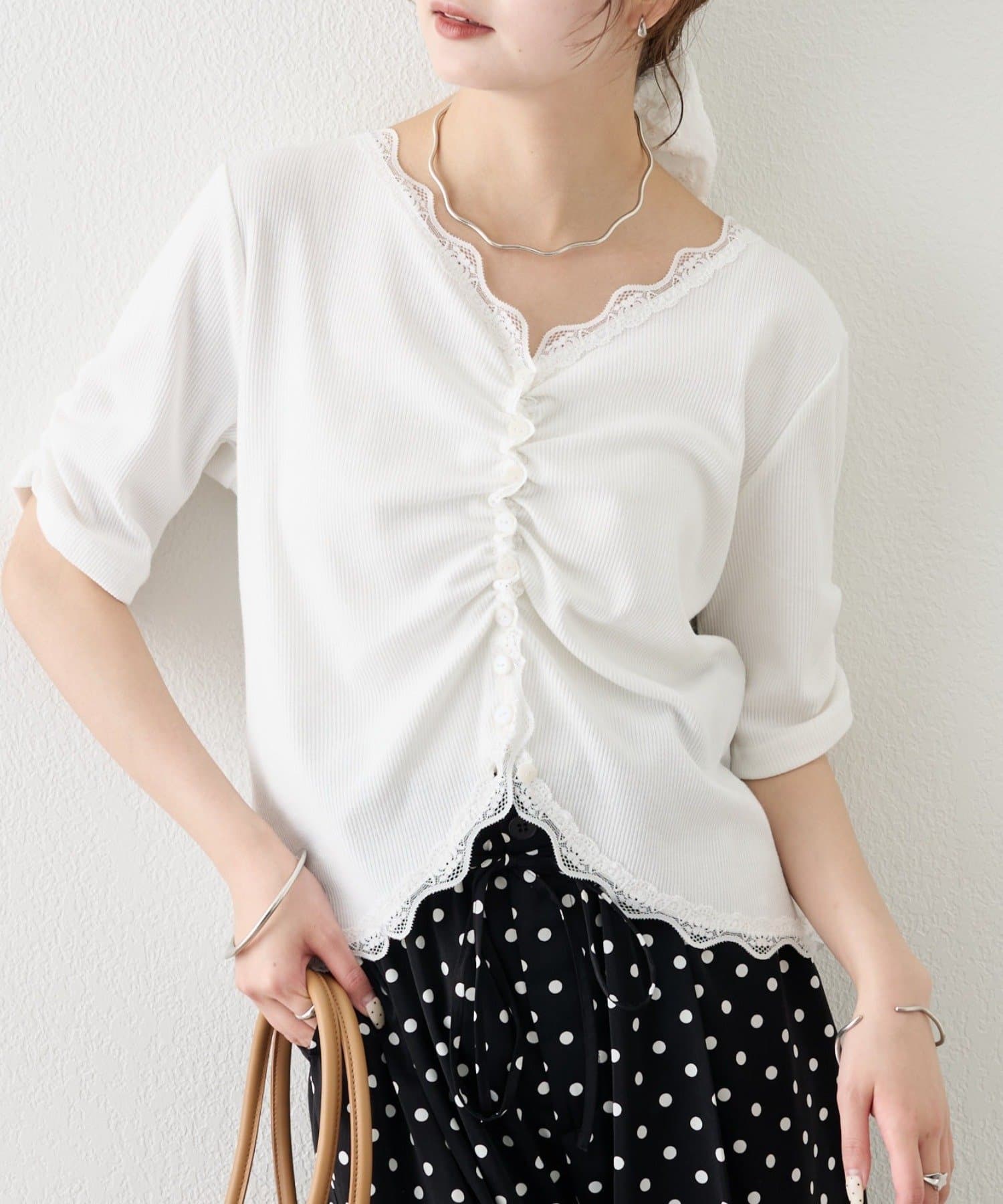 mystic(ミスティック) 《人気のため半袖登場！》半袖ギャザーリブカーディガン