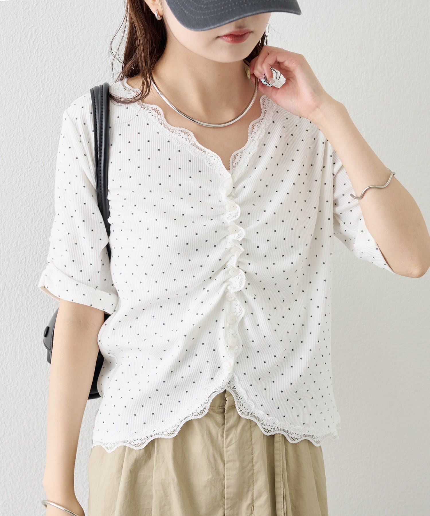 mystic(ミスティック) 《人気のため半袖登場！》半袖ギャザーリブカーディガン