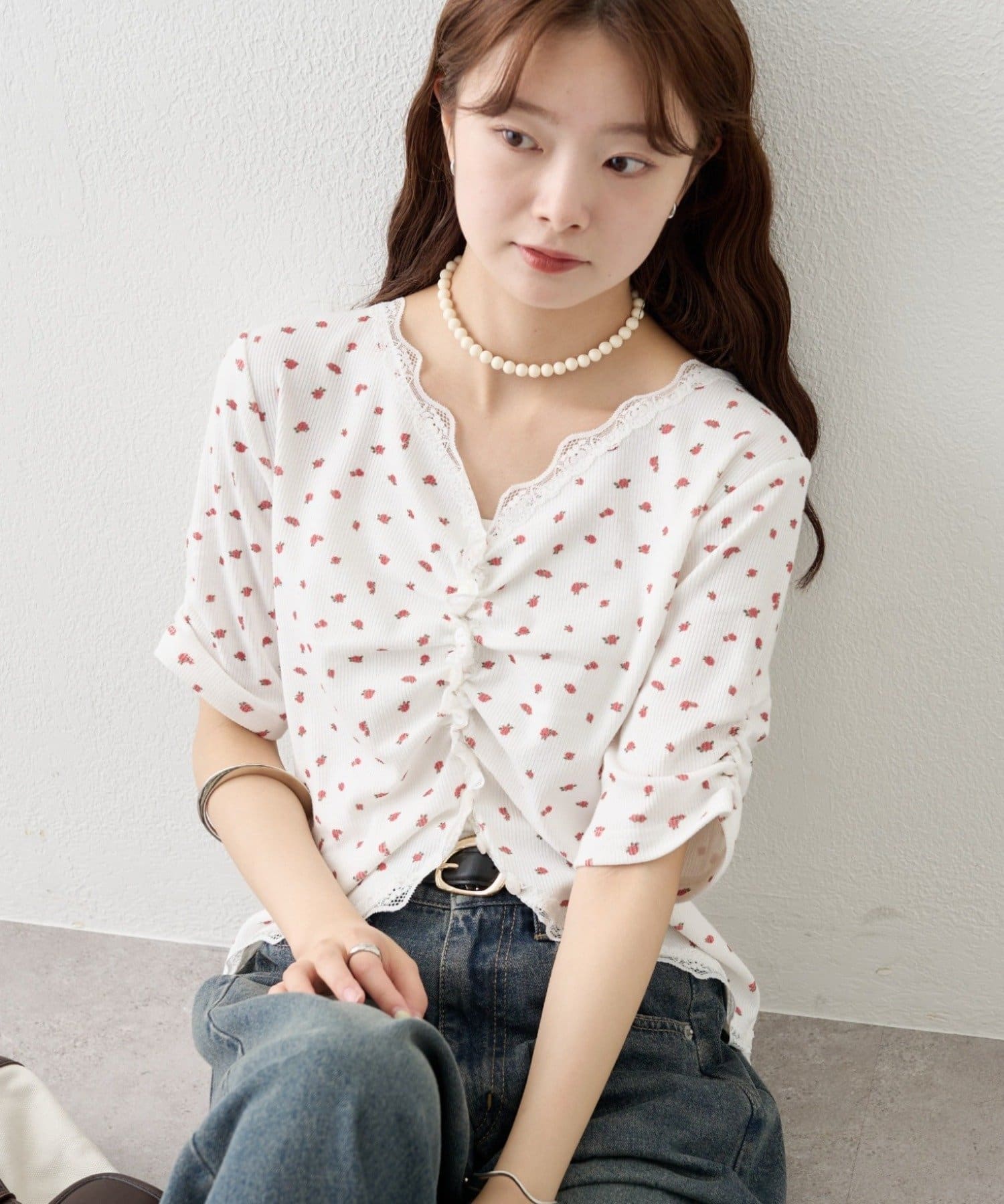 mystic(ミスティック) 《人気のため半袖登場！》半袖ギャザーリブカーディガン