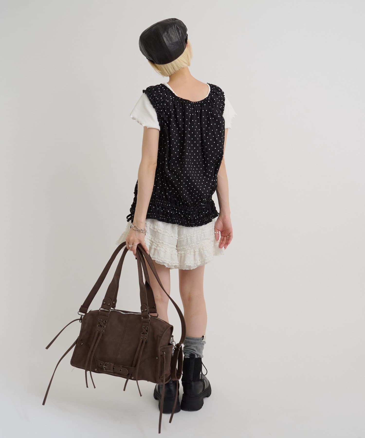 w closet(ダブルクローゼット) 【セットアップ対応/ドット/無地】フリルギャザーノースリブラウス